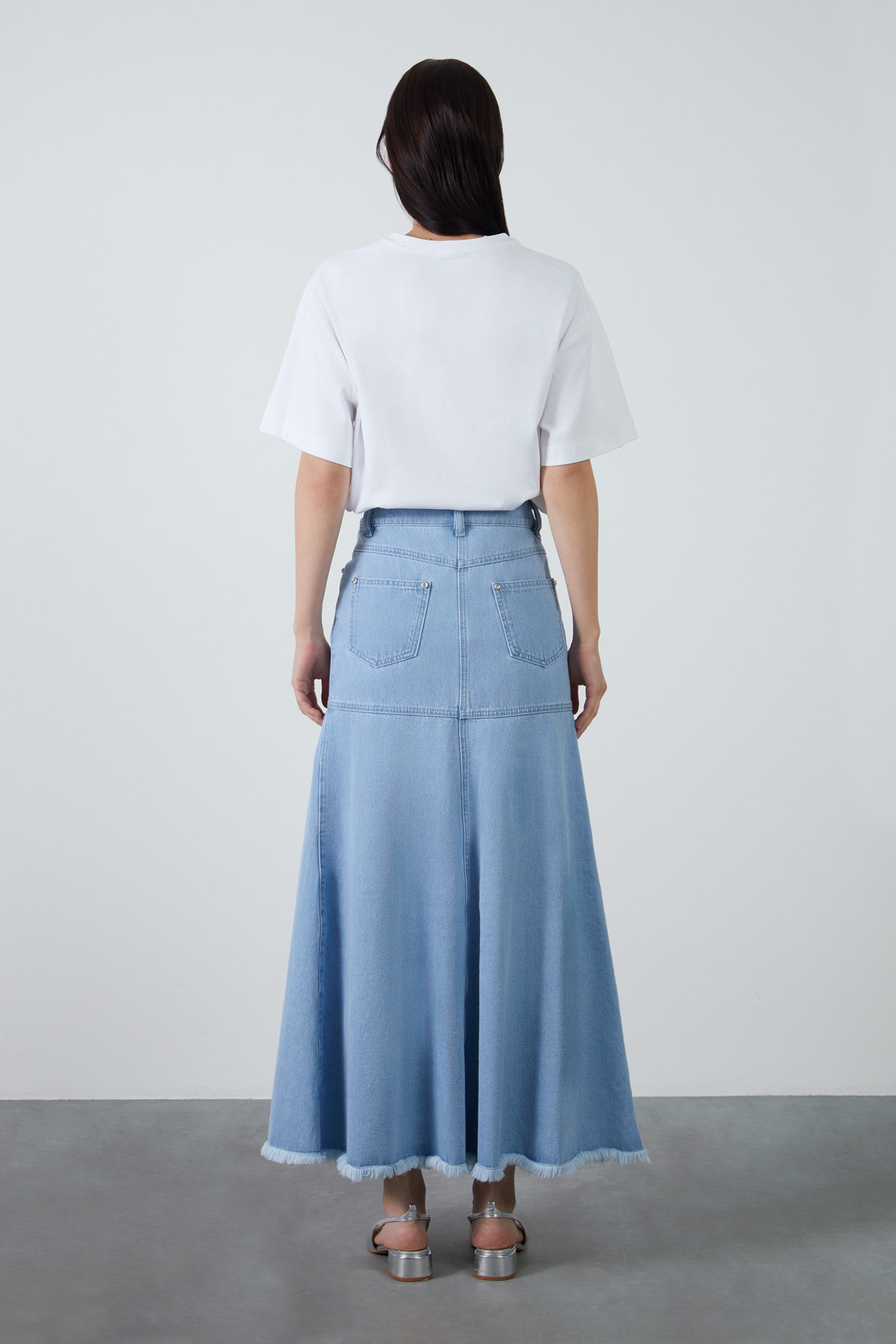 Yüksek Bel Kloş Uzun Denim Etek