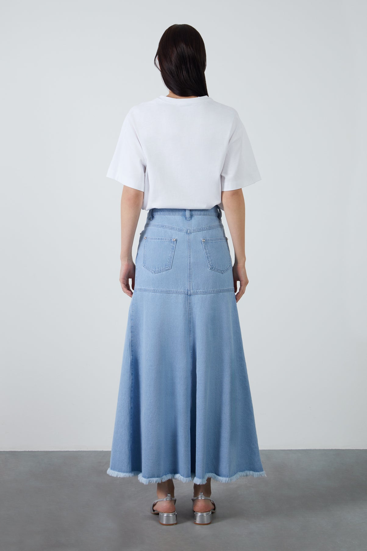 Yüksek Bel Kloş Uzun Denim Etek