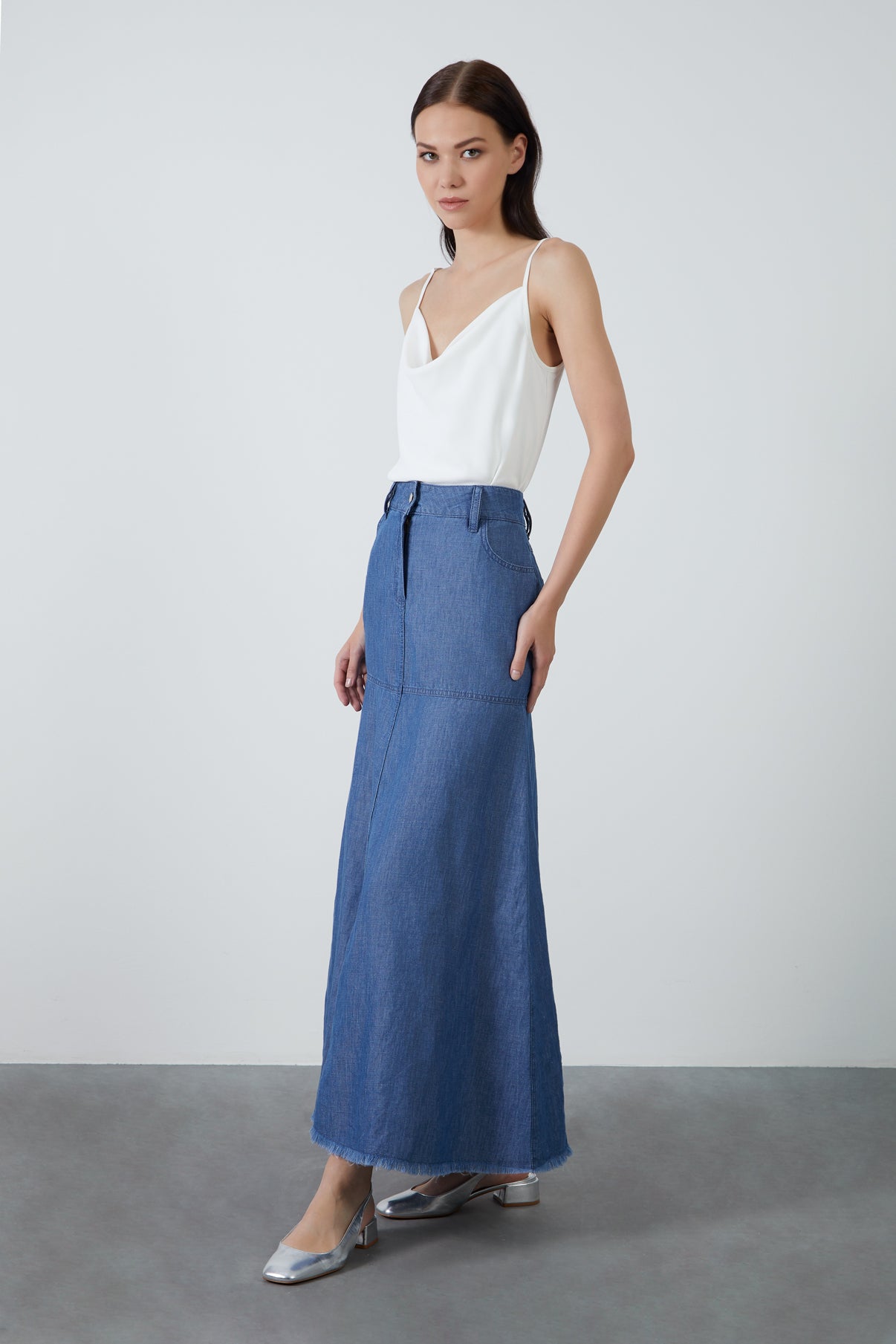 Yüksek Bel Kloş Uzun Koyu Denim Etek