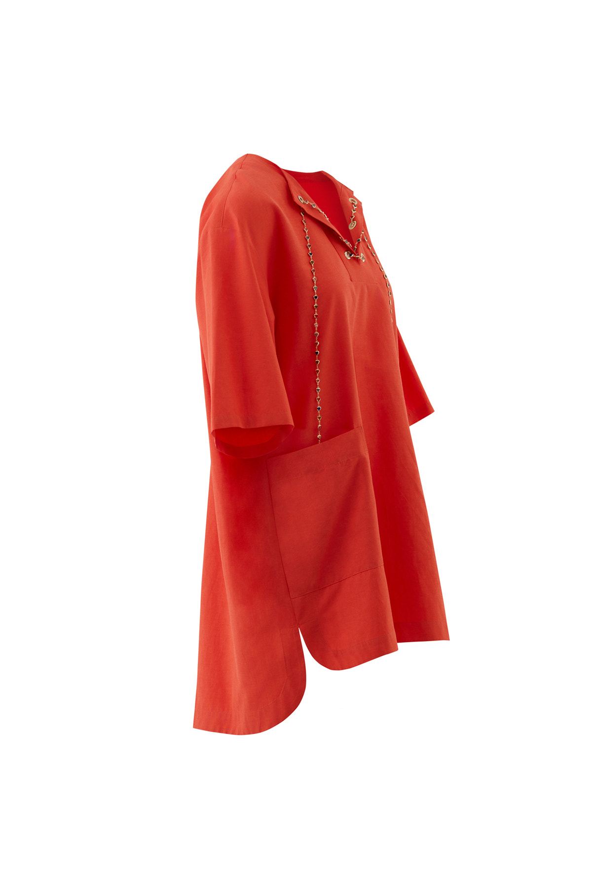 Zincir Aksesuar Detaylı Truvakar Kol Mercan Renk Tunik