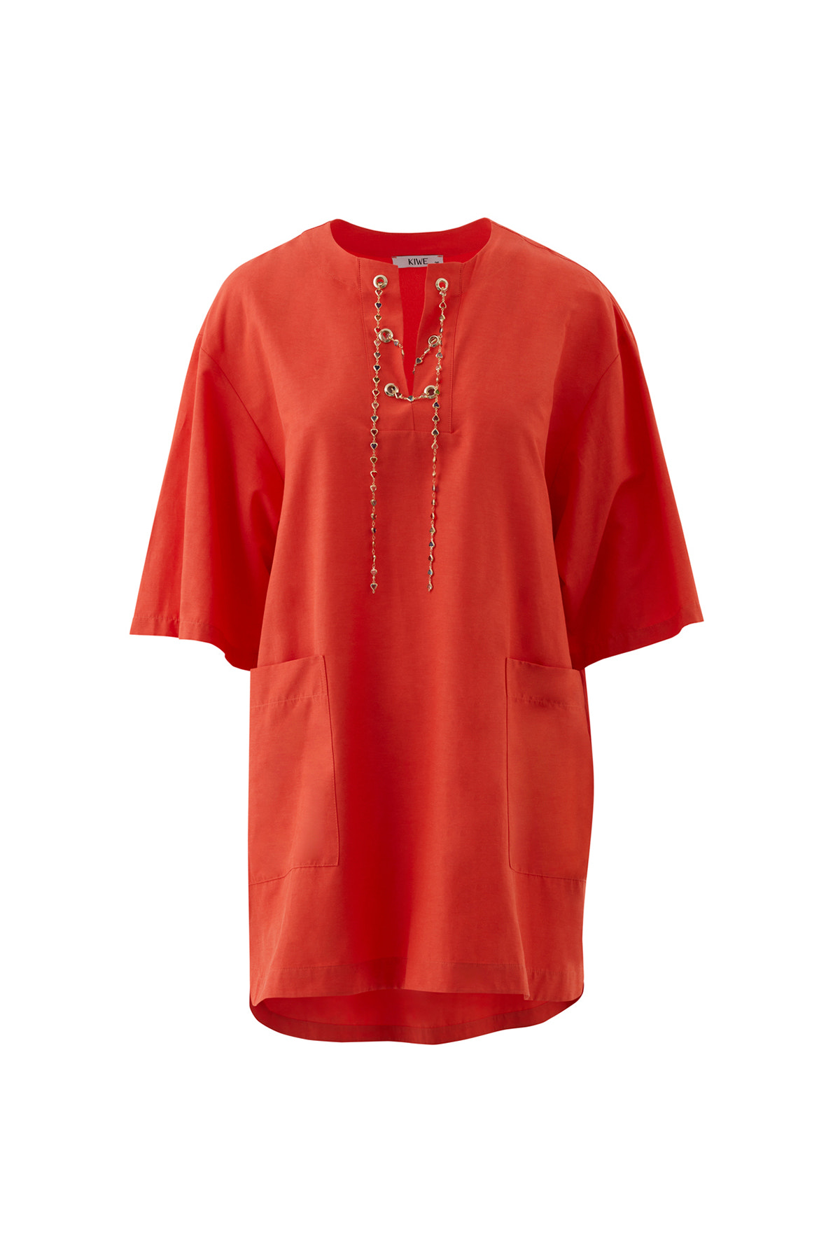 Zincir Aksesuar Detaylı Truvakar Kol Mercan Renk Tunik