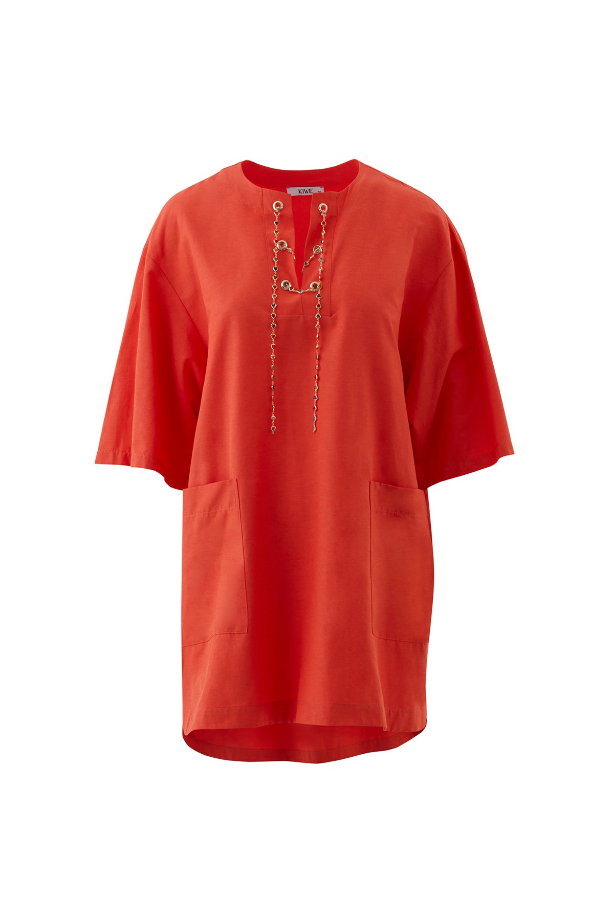 Zincir Aksesuar Detaylı Truvakar Kol Mercan Renk Tunik