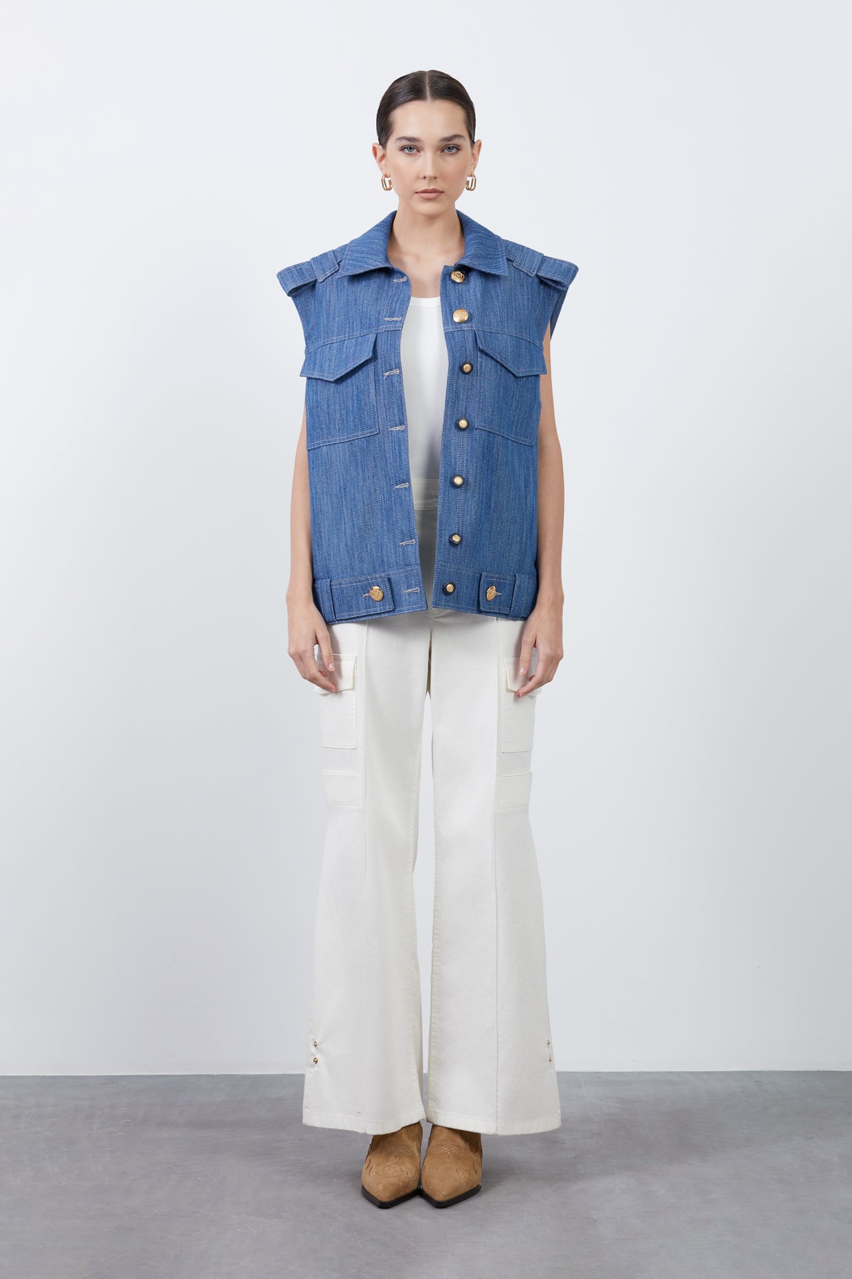 Cep Detaylı Denim Yelek