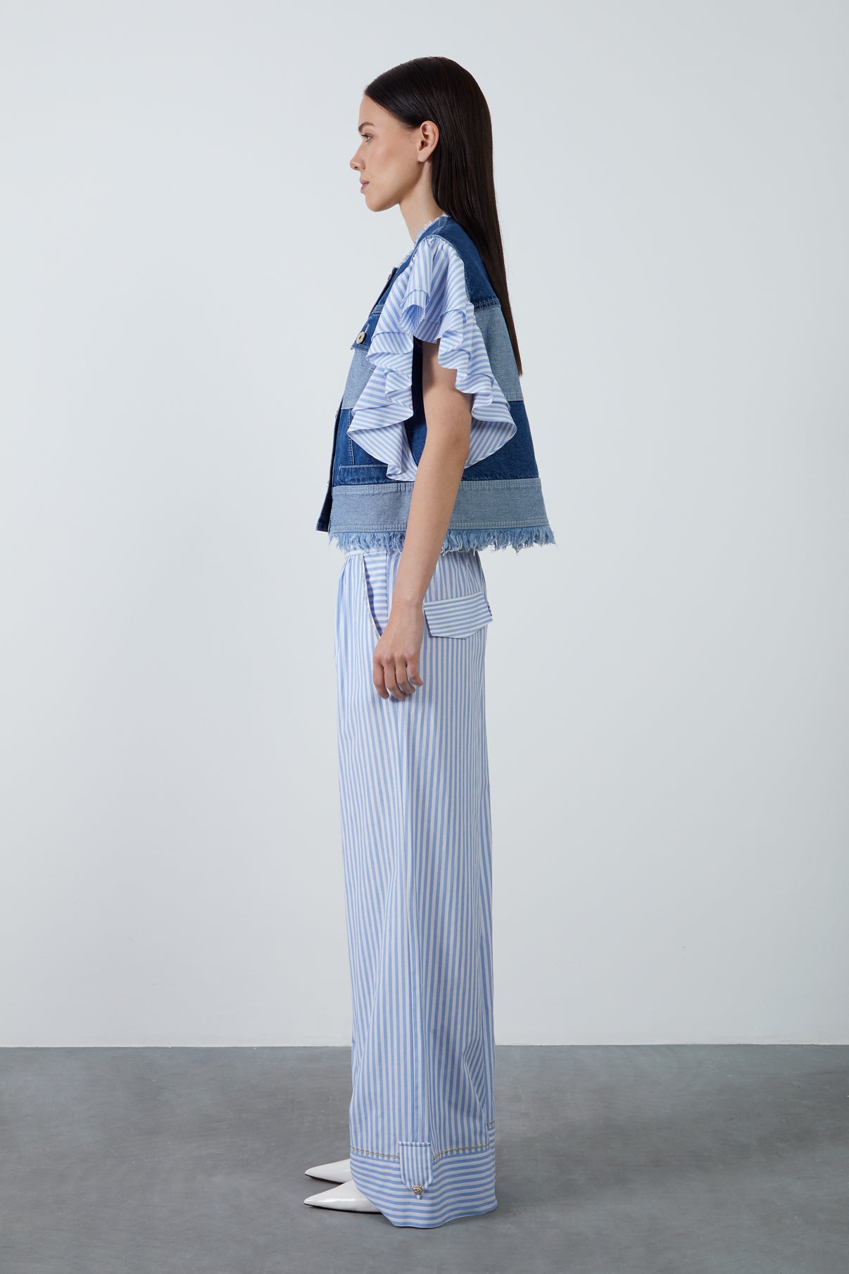 Çizgili Kol Detaylı Denim Yelek