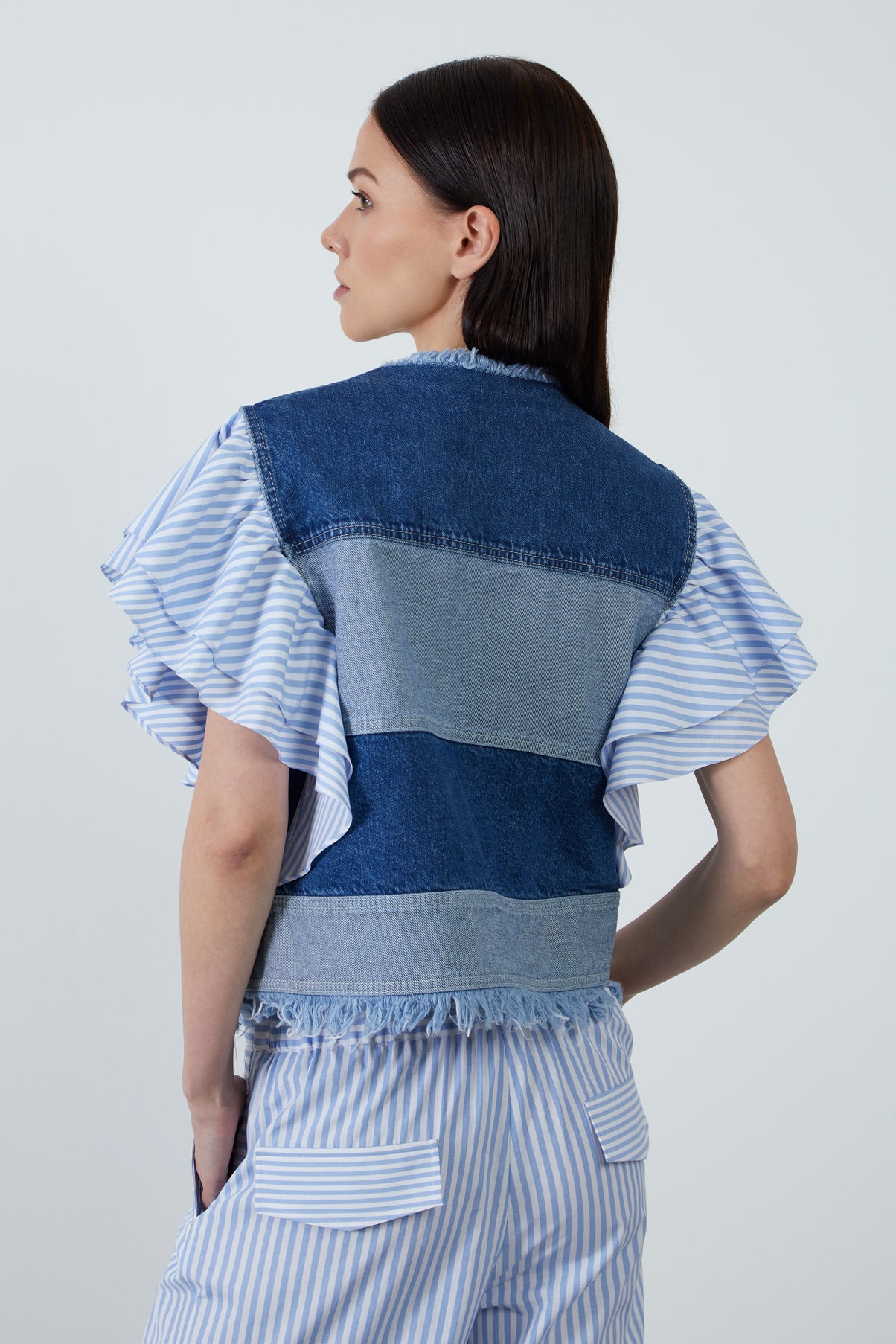 Çizgili Kol Detaylı Denim Yelek