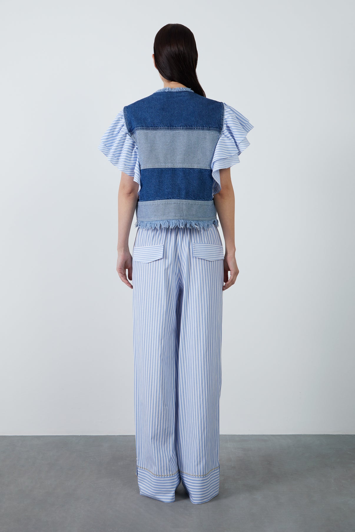 Çizgili Kol Detaylı Denim Yelek