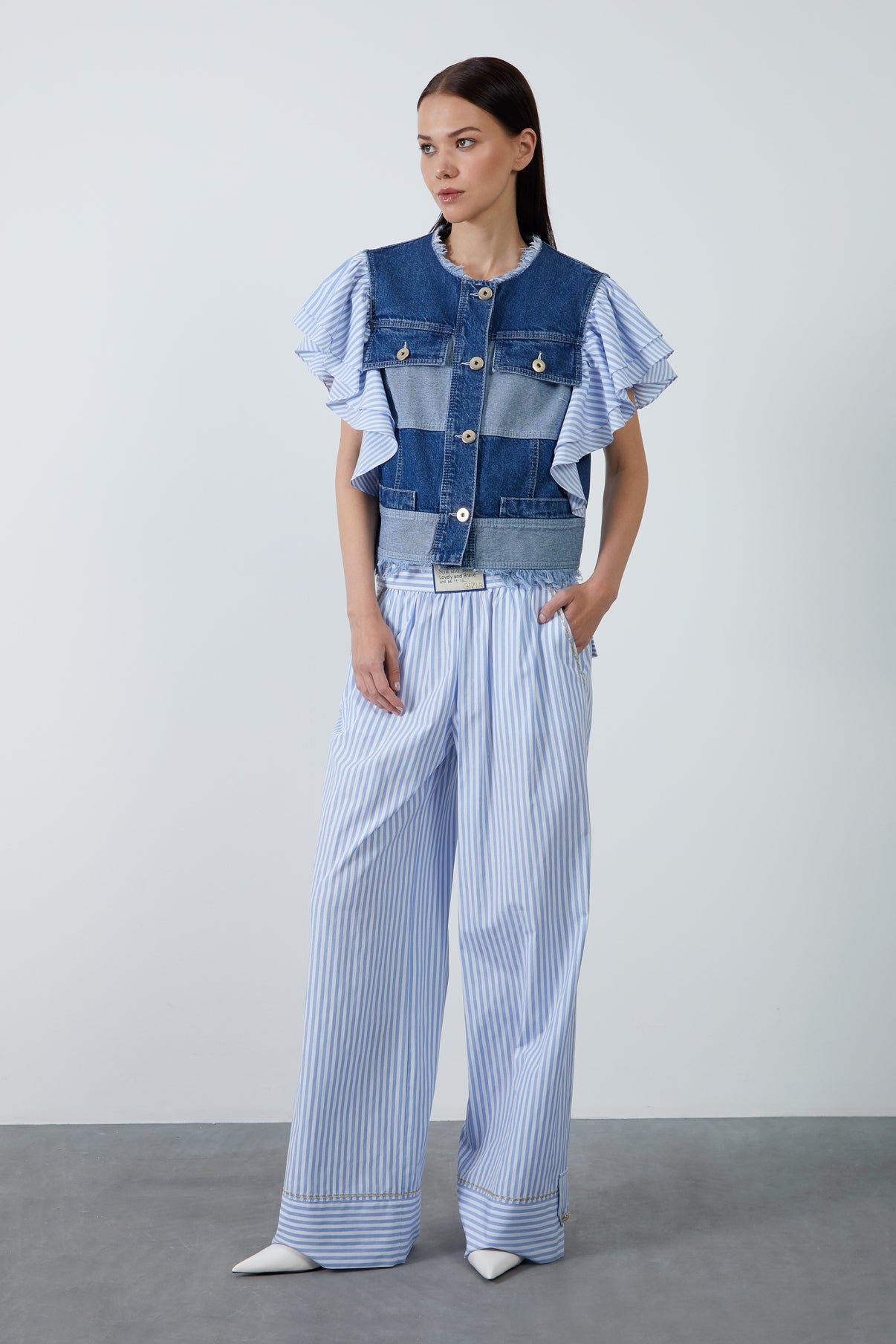 Çizgili Kol Detaylı Denim Yelek