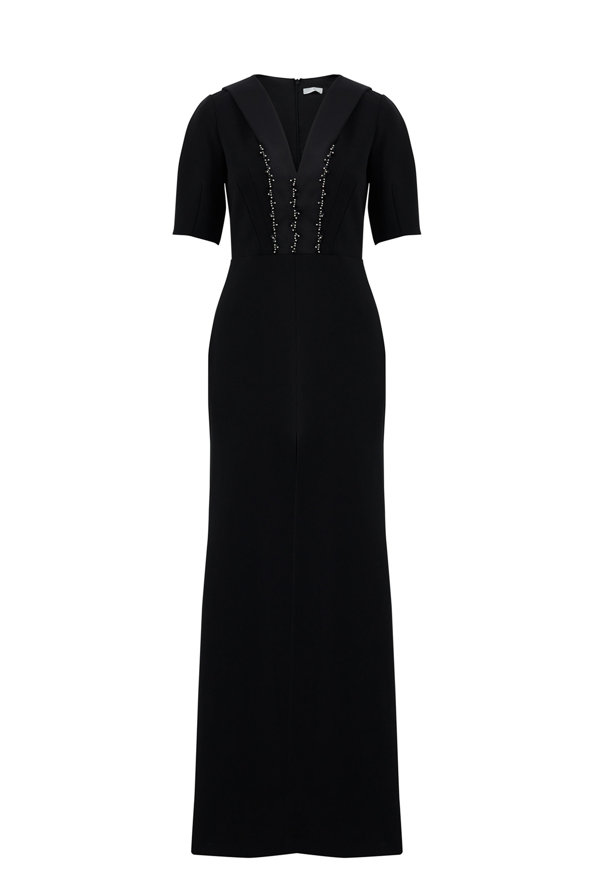 Boyundan Bağlama Detaylı İşlemeli V Yaka Uzun Elbise