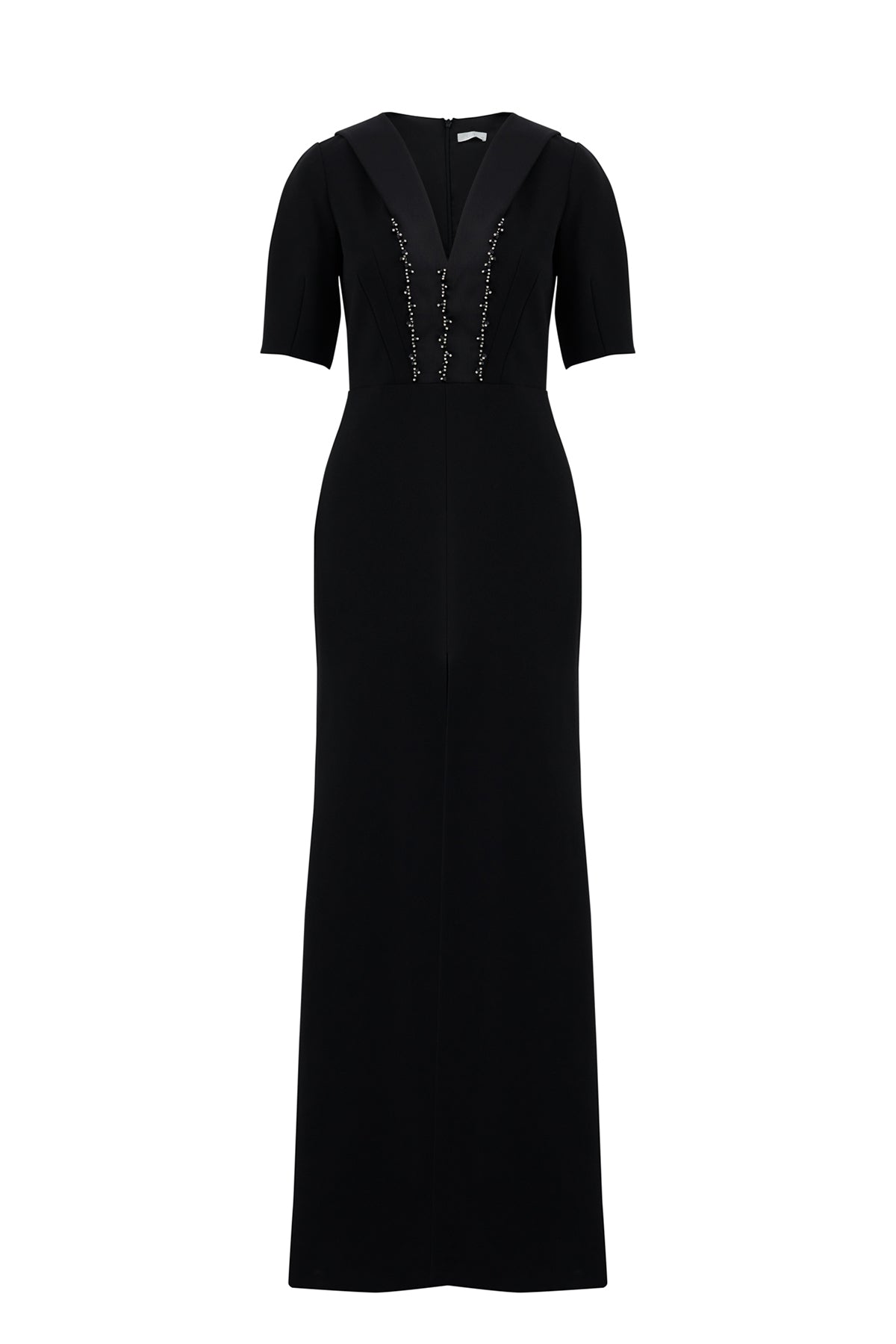 Boyundan Bağlama Detaylı İşlemeli V Yaka Uzun Elbise