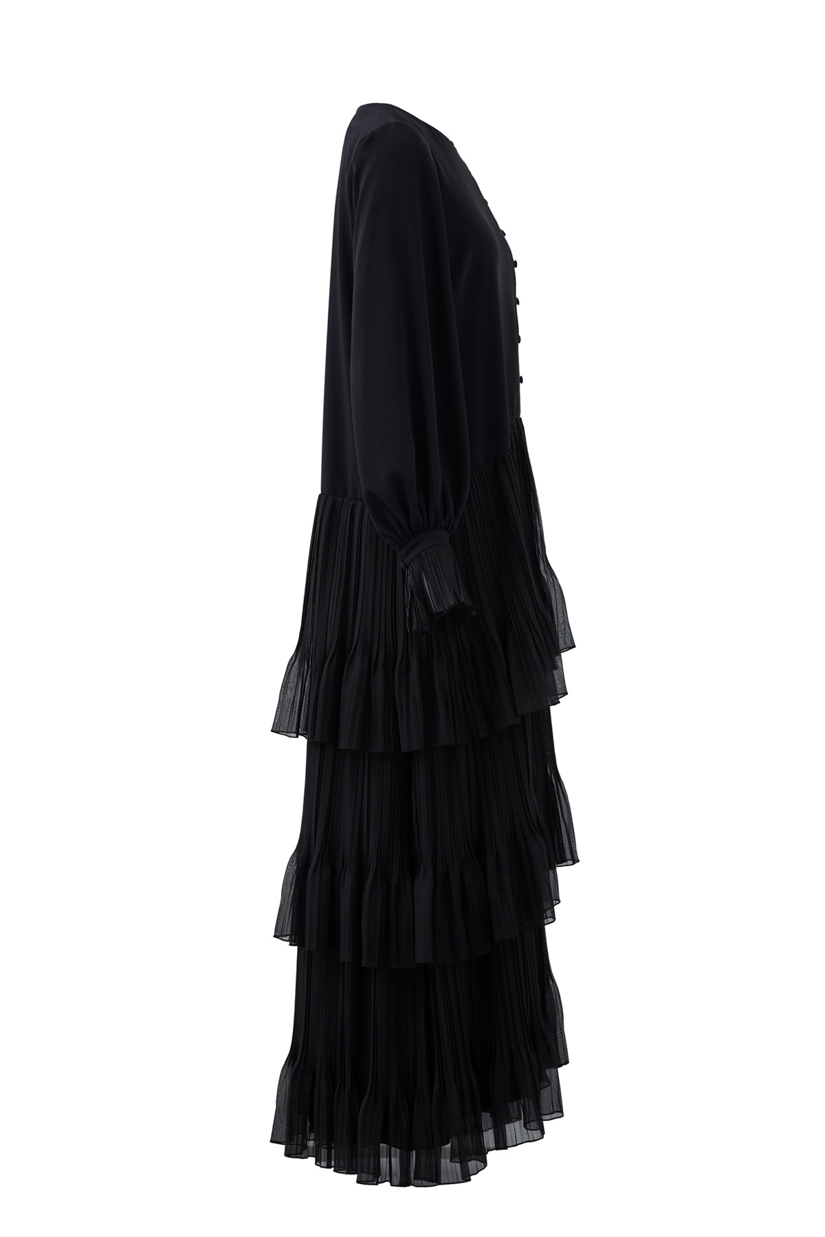 Düğme Detaylı Etekucu Piliseli Uzun Elbise