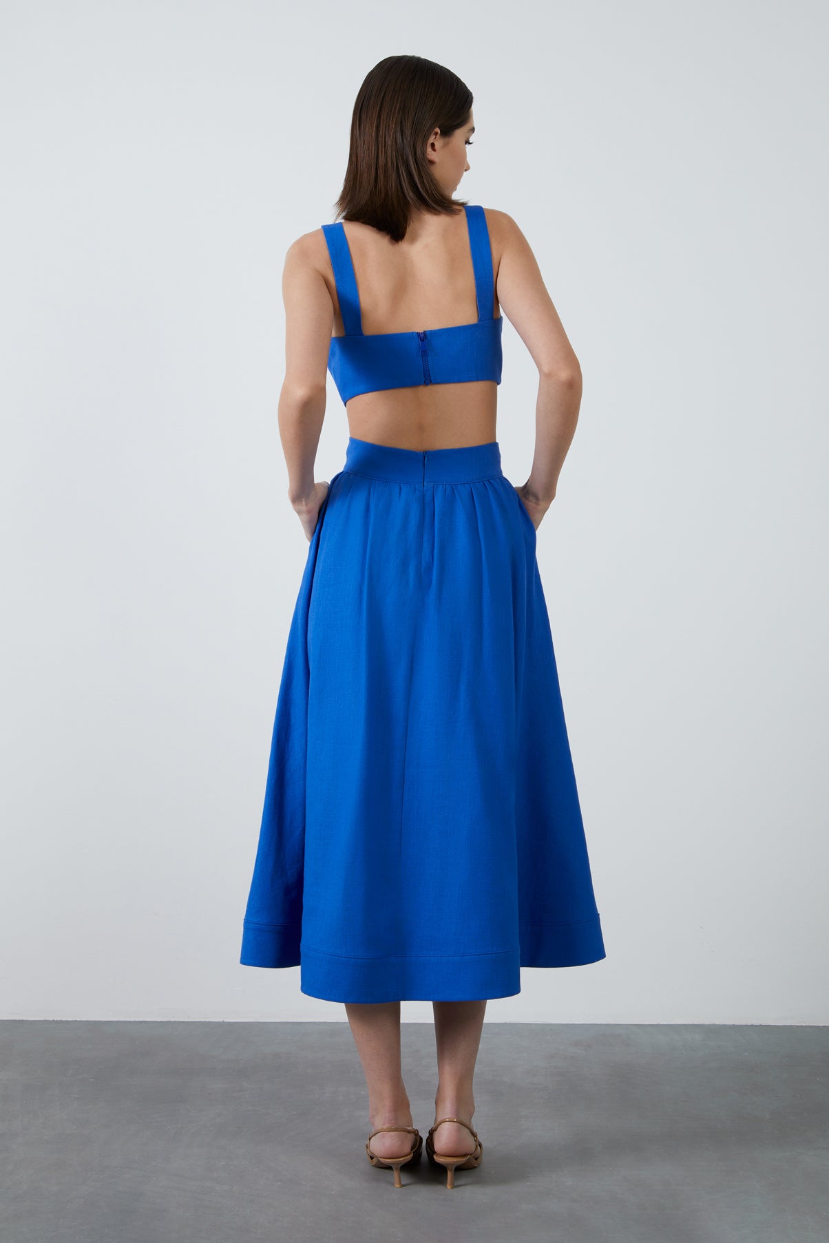 Askılı V Yaka Saks Mavisi Crop