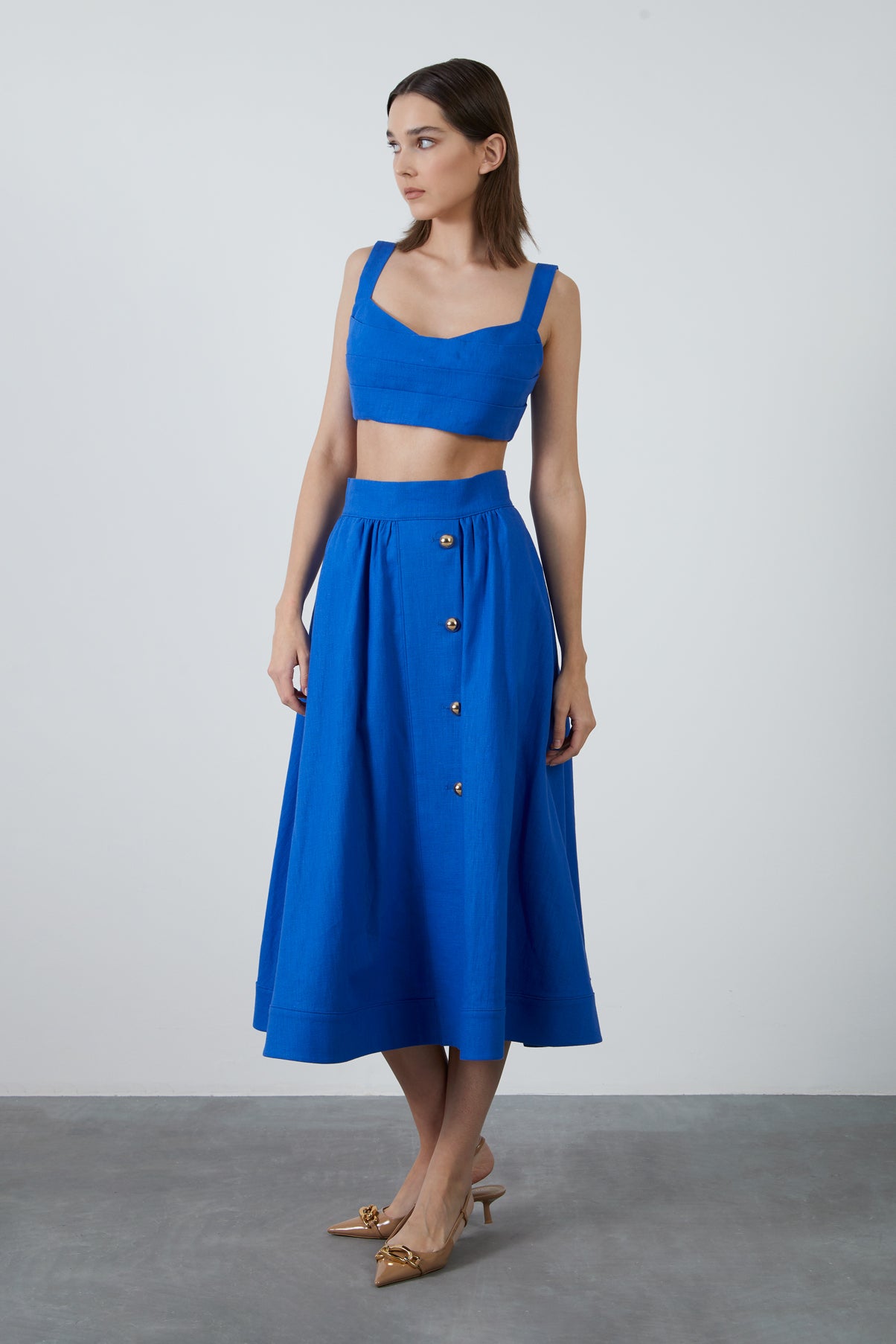 Askılı V Yaka Saks Mavisi Crop