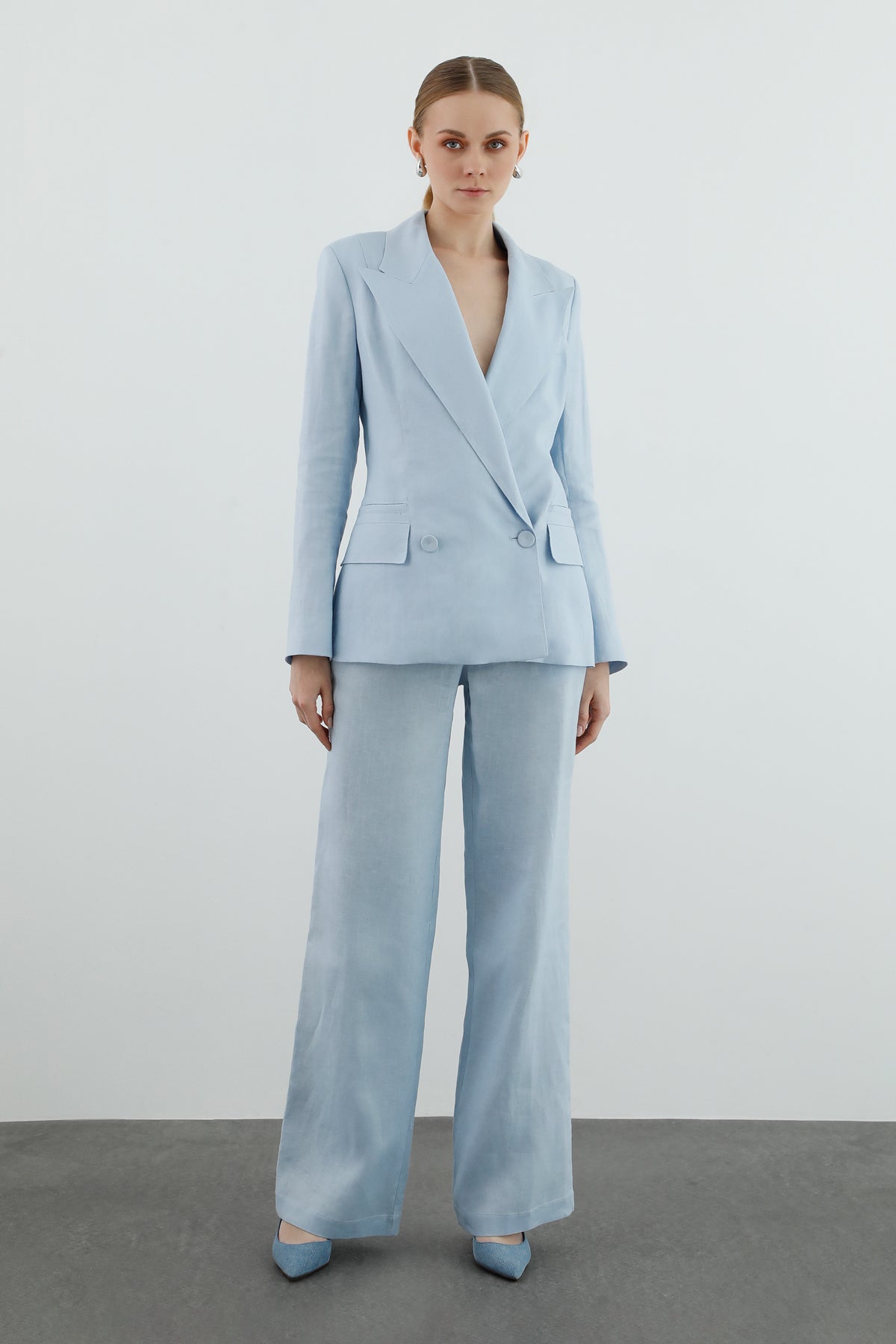 Kruvaze Kapamalı Uzun Kollu Keten Ceket