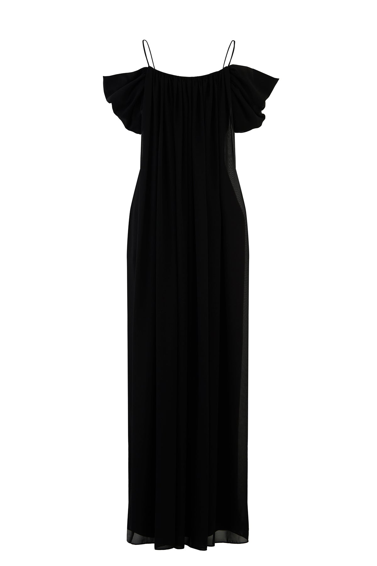 Şifon Garnili Omuz Detaylı Yırtmaçlı Uzun Elbise