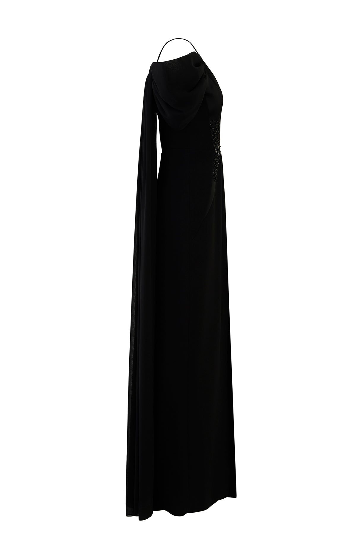 Şifon Garnili Omuz Detaylı Yırtmaçlı Uzun Elbise