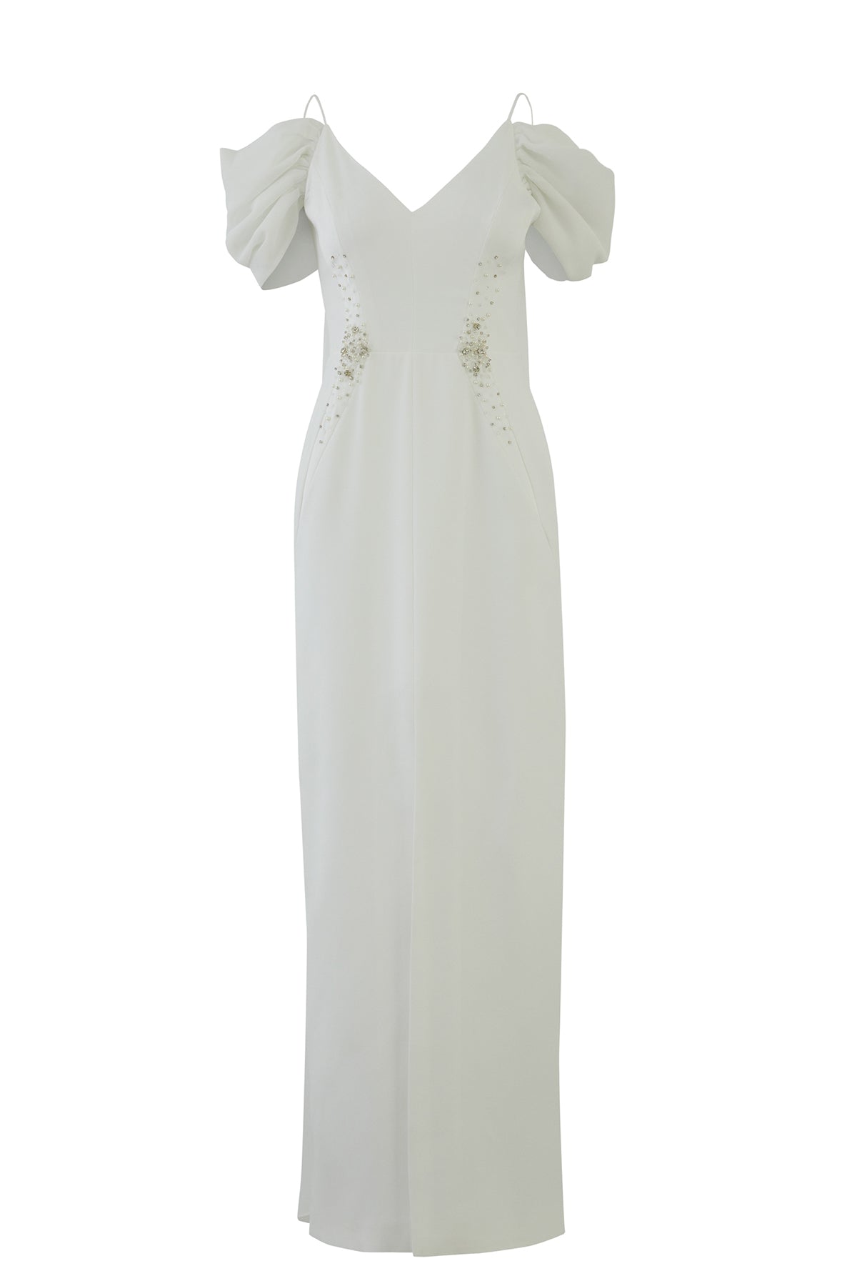 Şifon Garnili Omuz Detaylı Yırtmaçlı Uzun Elbise