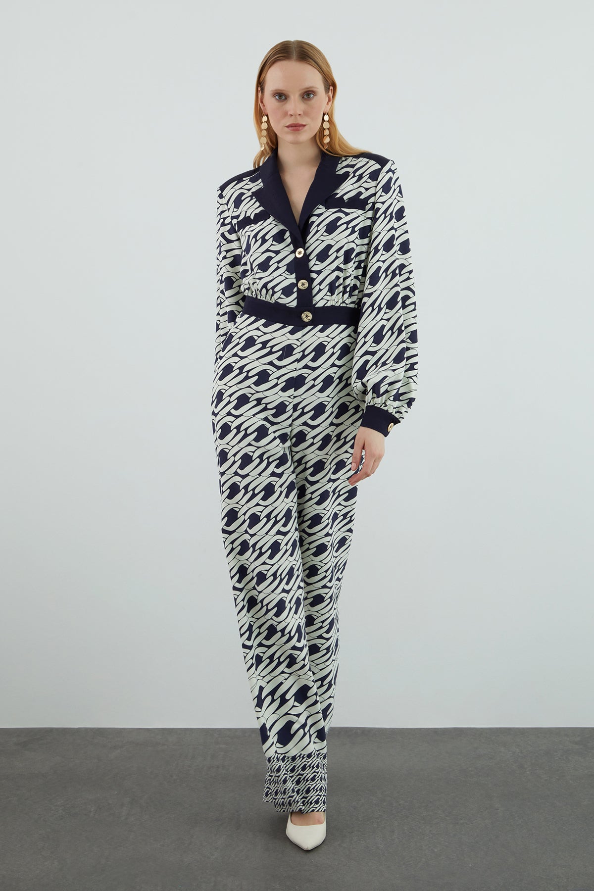 Yaka Detaylı Metal Düğmeli Desenli Tulum