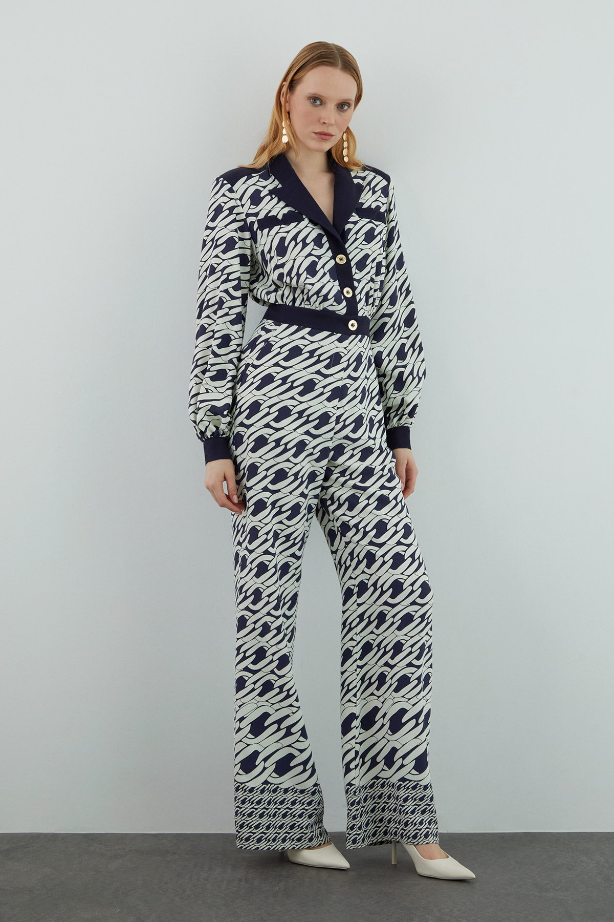 Yaka Detaylı Metal Düğmeli Desenli Tulum