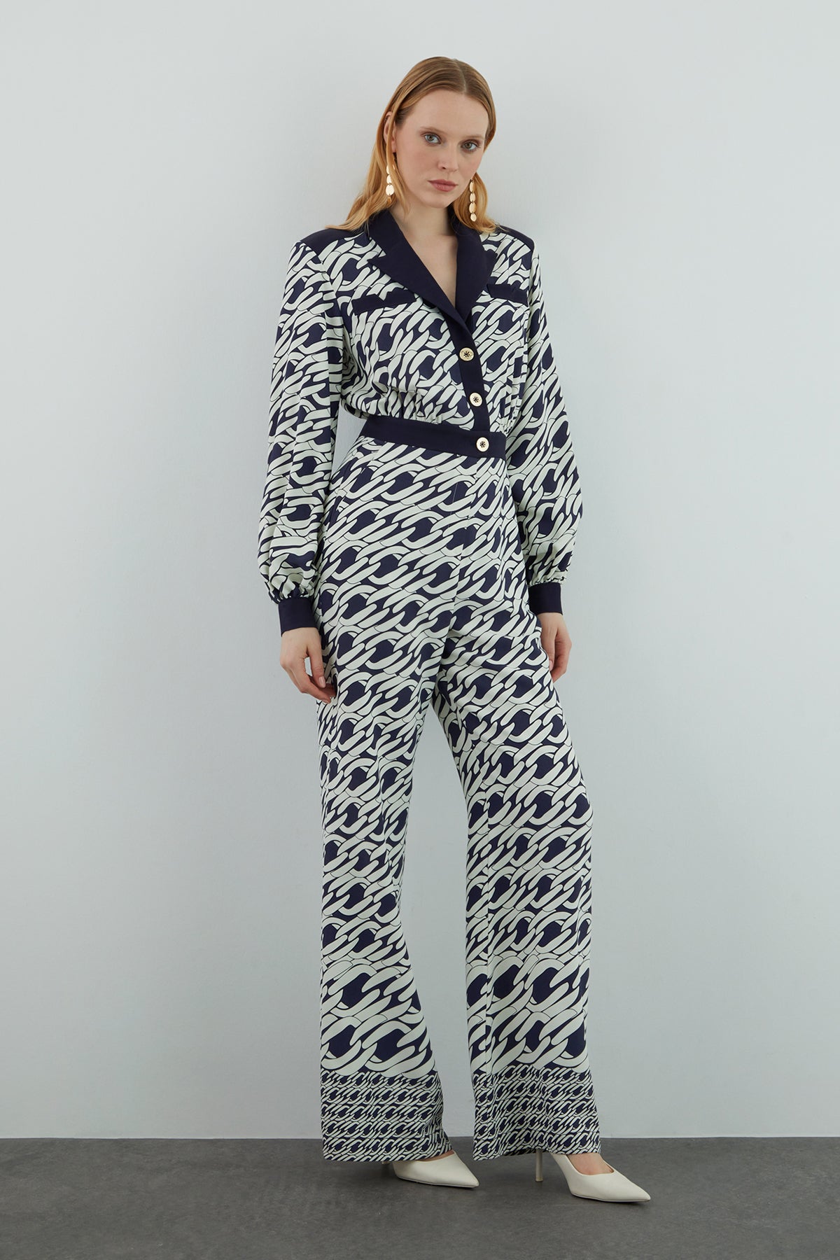 Yaka Detaylı Metal Düğmeli Desenli Tulum