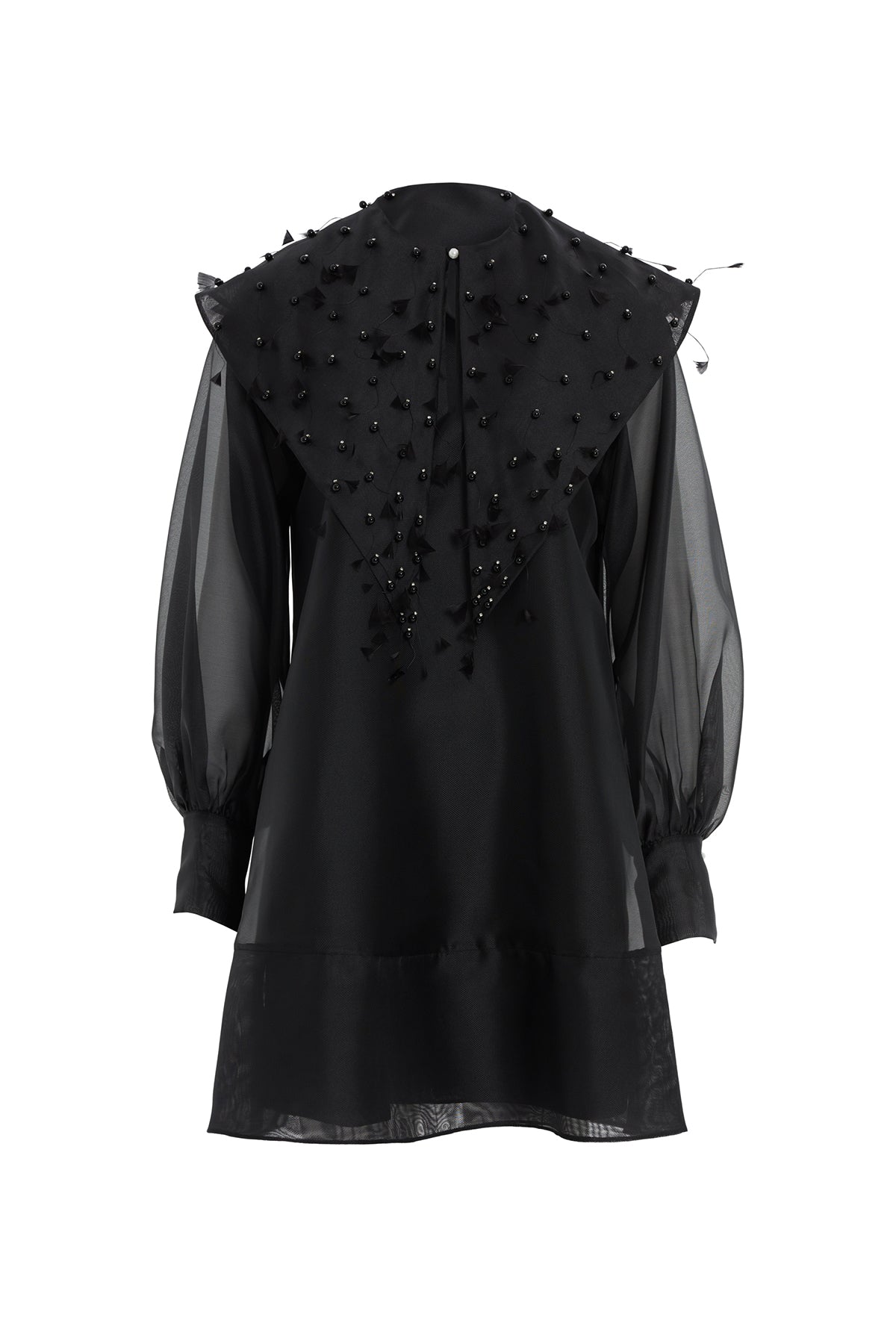 Kolları Tül Önü İşlemeli Kloş Mini Elbise