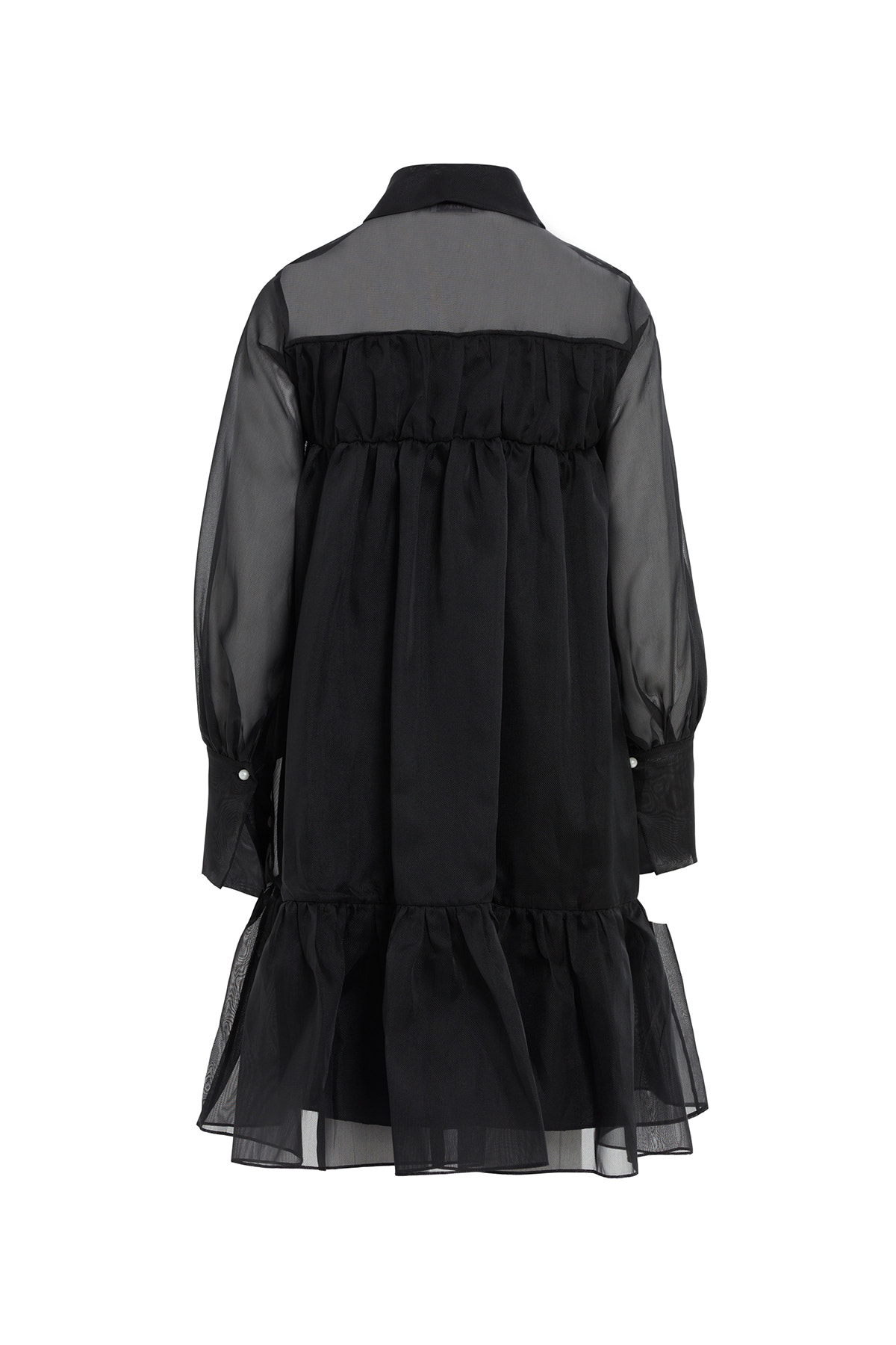 Çıkarılabilir Çiçek Detaylı, Etek Ucu Büzgülü Transparan Midi Elbise