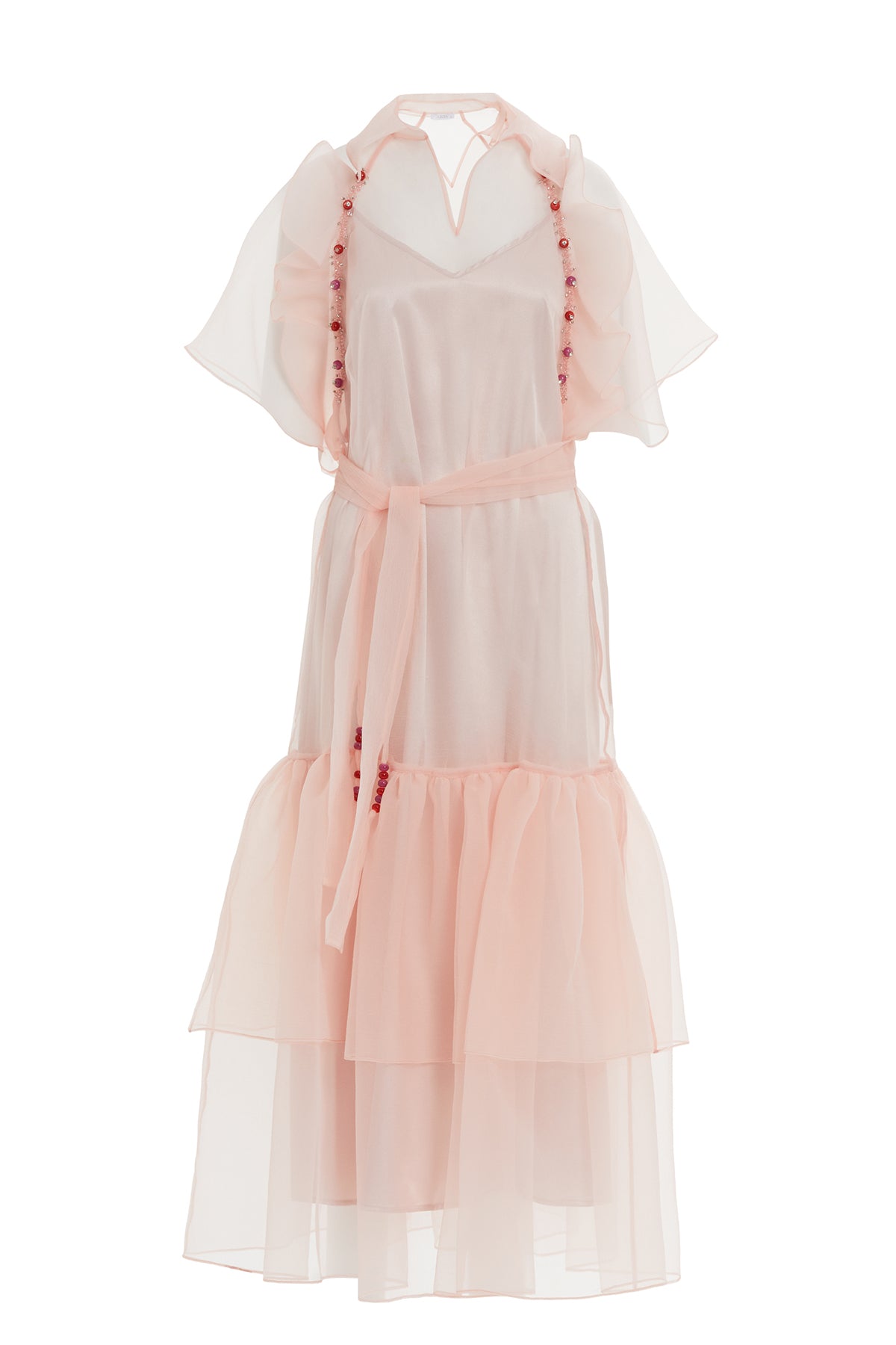 Tül Detaylı Uzun İşlemeli Uzun Elbise