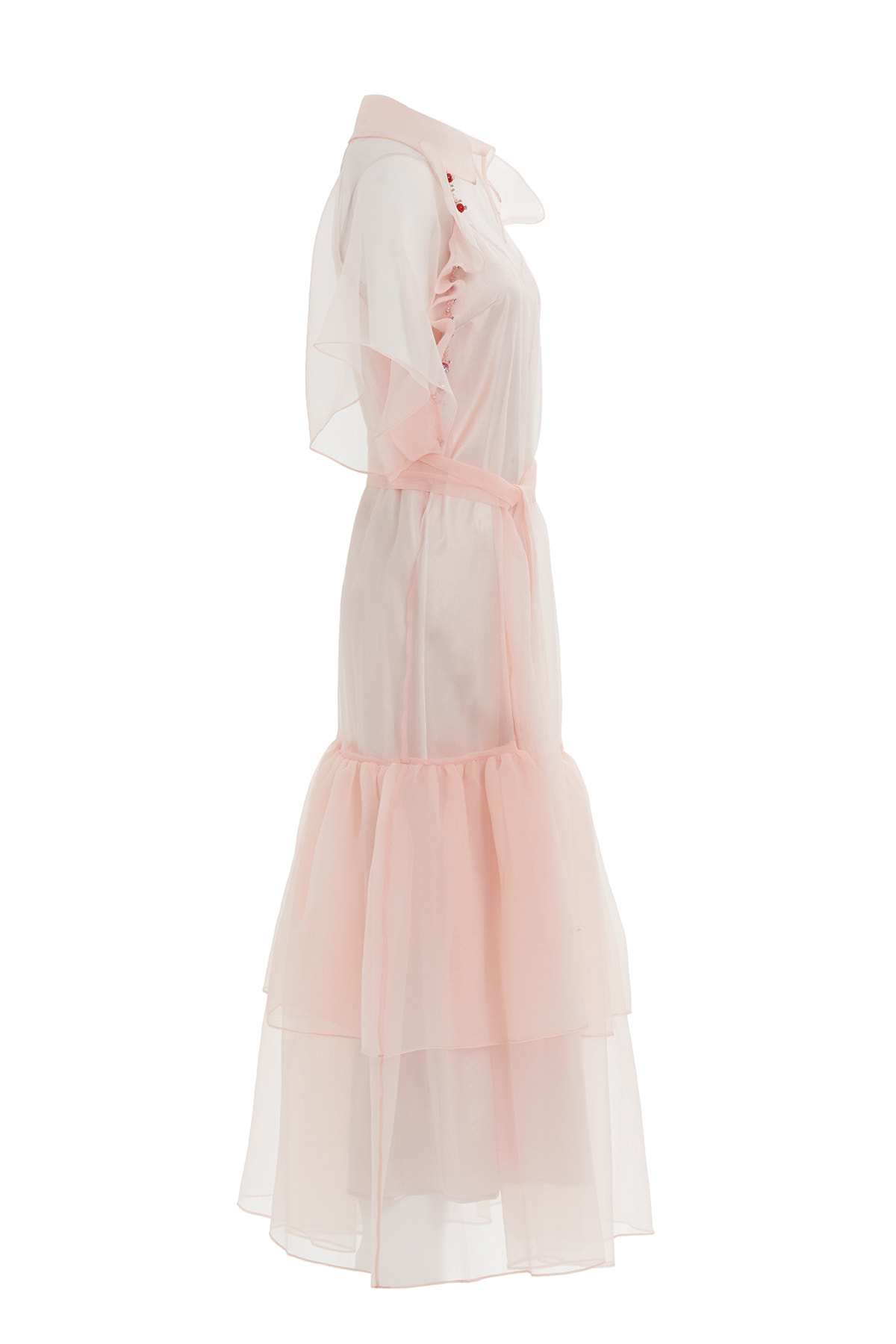 Tül Detaylı Uzun İşlemeli Uzun Elbise