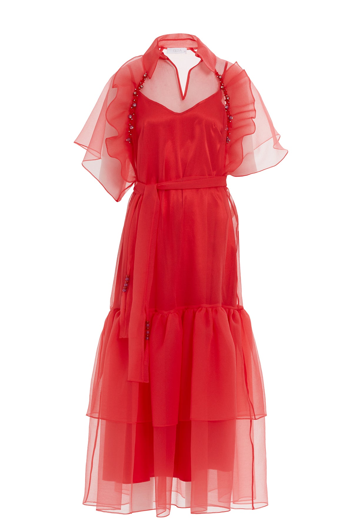 Tül Detaylı Uzun İşlemeli Uzun Elbise