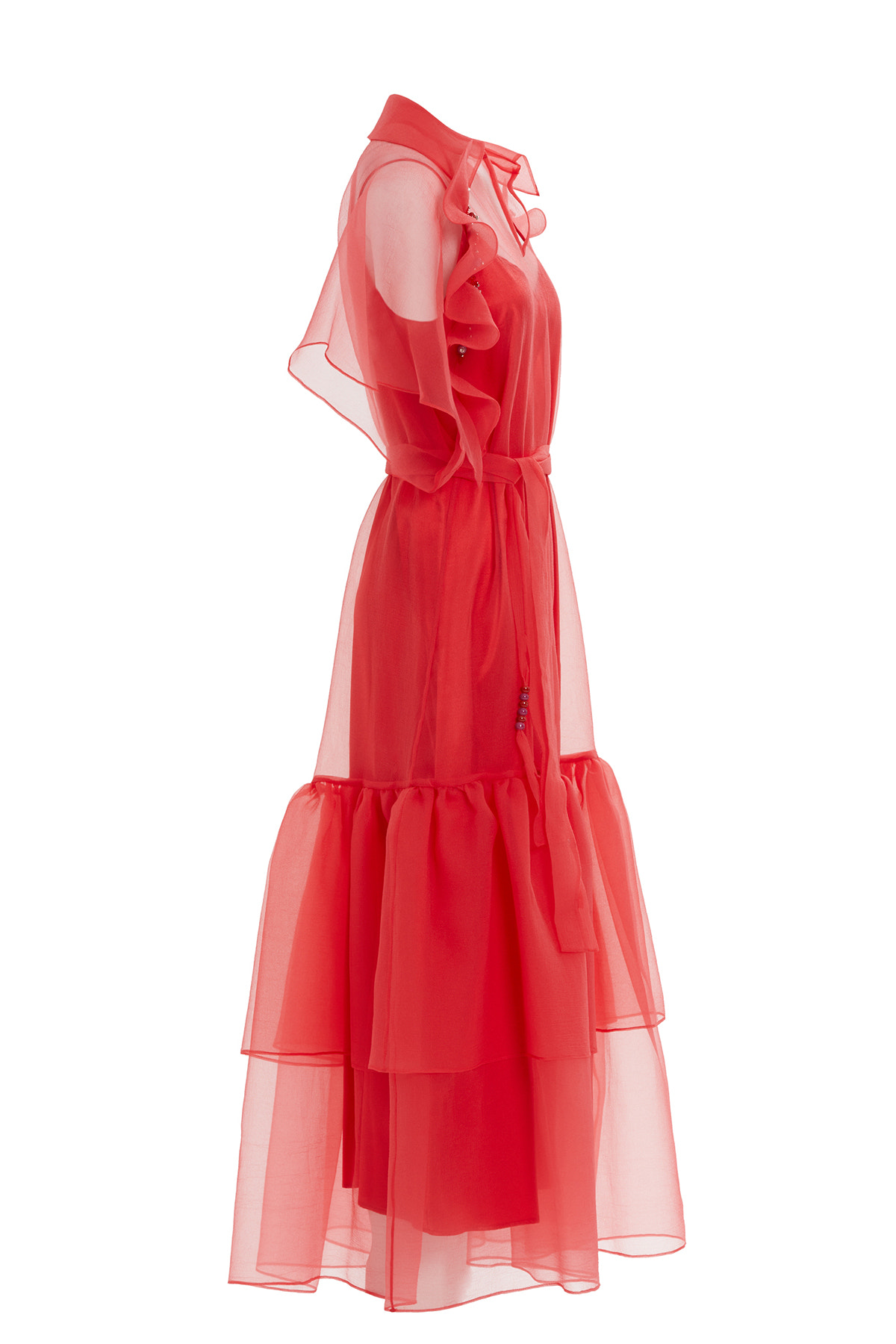 Tül Detaylı Uzun İşlemeli Uzun Elbise