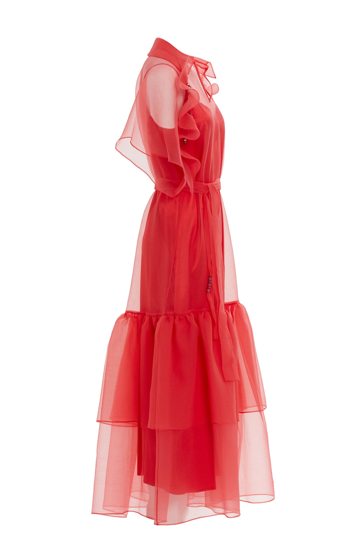 Tül Detaylı Uzun İşlemeli Uzun Elbise