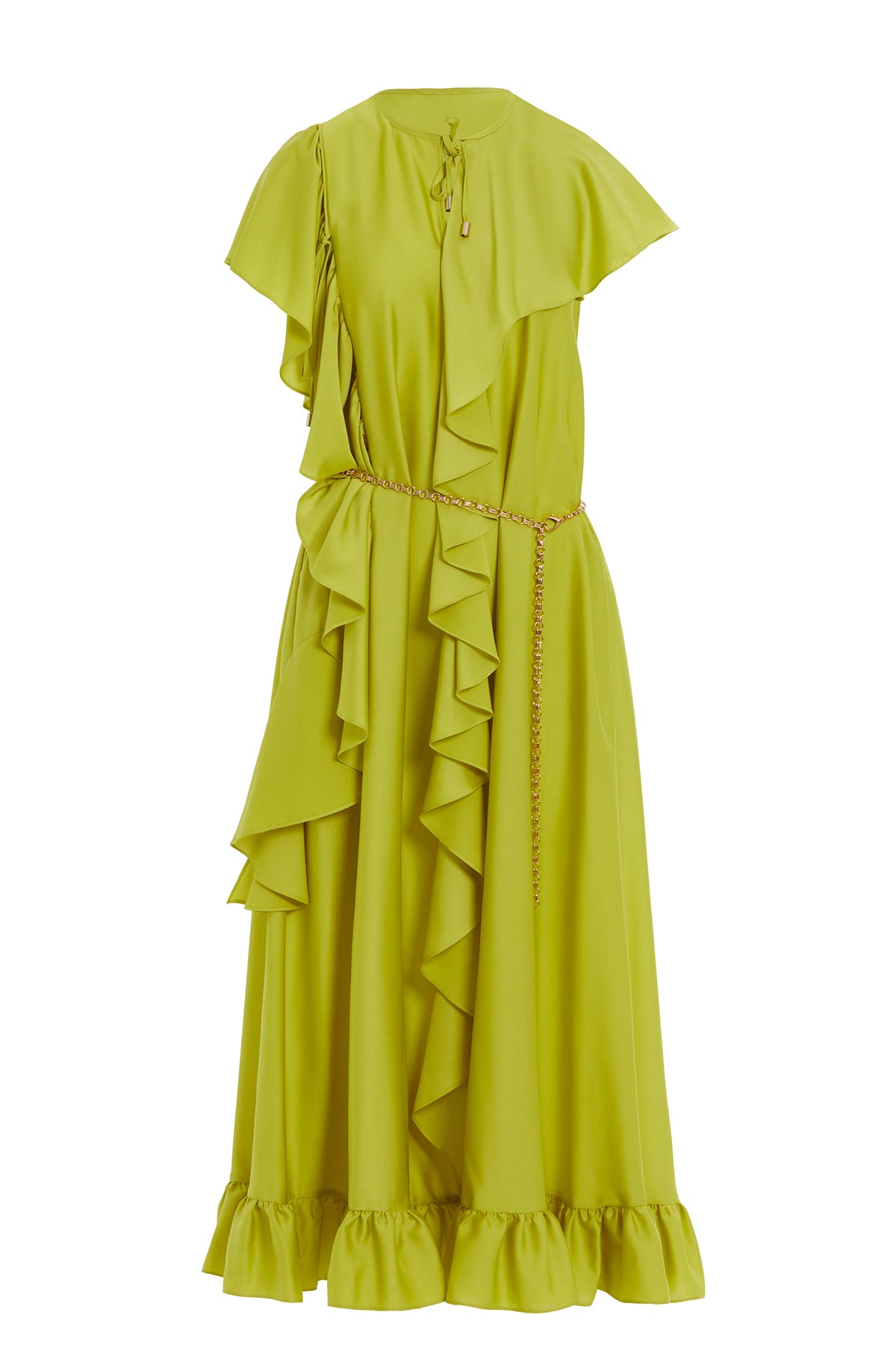 Fırfırlı Bağlama Detaylı Kısa Kollu Uzun Elbise