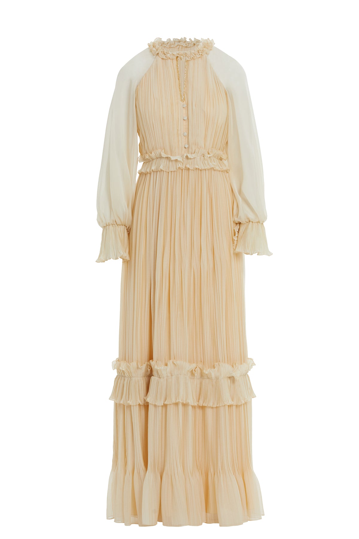 İşleme Detaylı Fırfırlı Piliseli Uzun Elbise