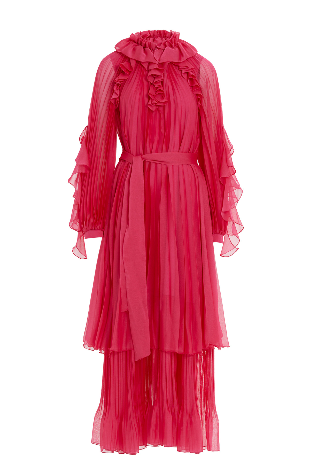 Fırfır Detaylı Uzun Şifon Pembe Elbise