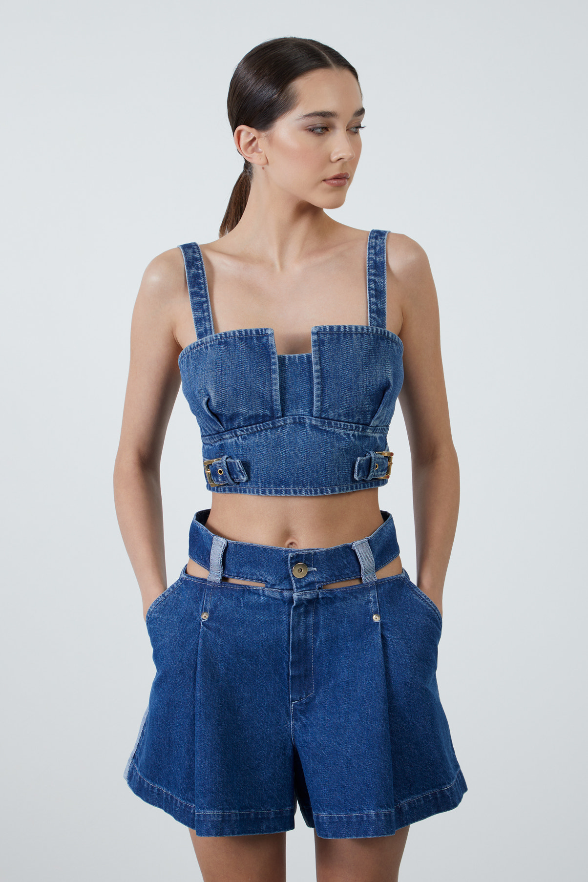 Arkası Fermuarlı Kalın Askılı Jean Top