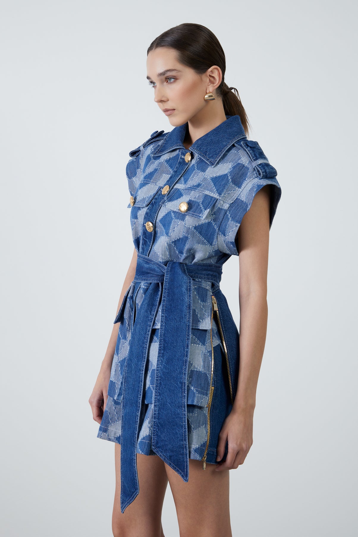 Çıkarılabilir Kuşak Detaylı Düğmeli Patchwork Ceket