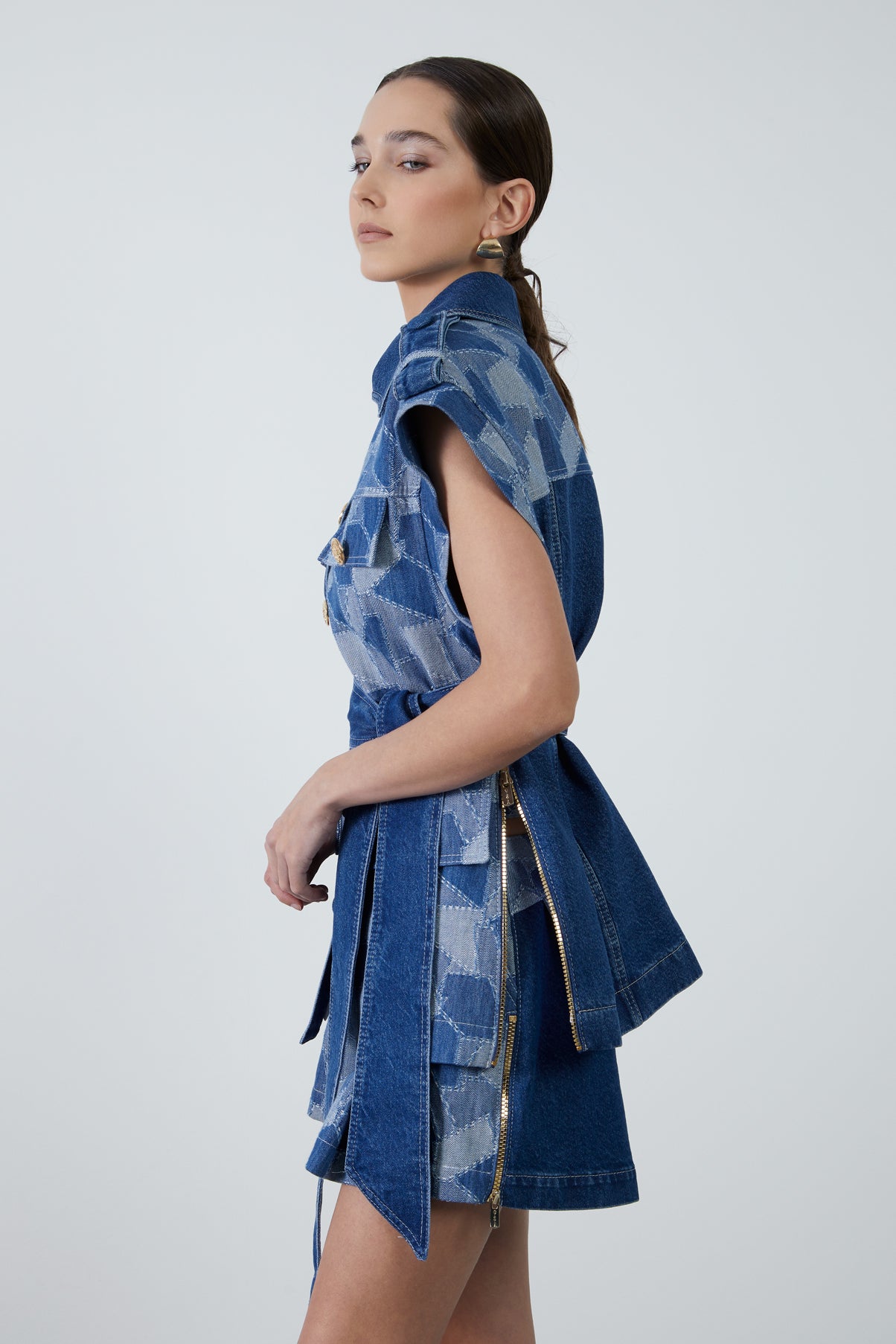 Çıkarılabilir Kuşak Detaylı Düğmeli Patchwork Ceket