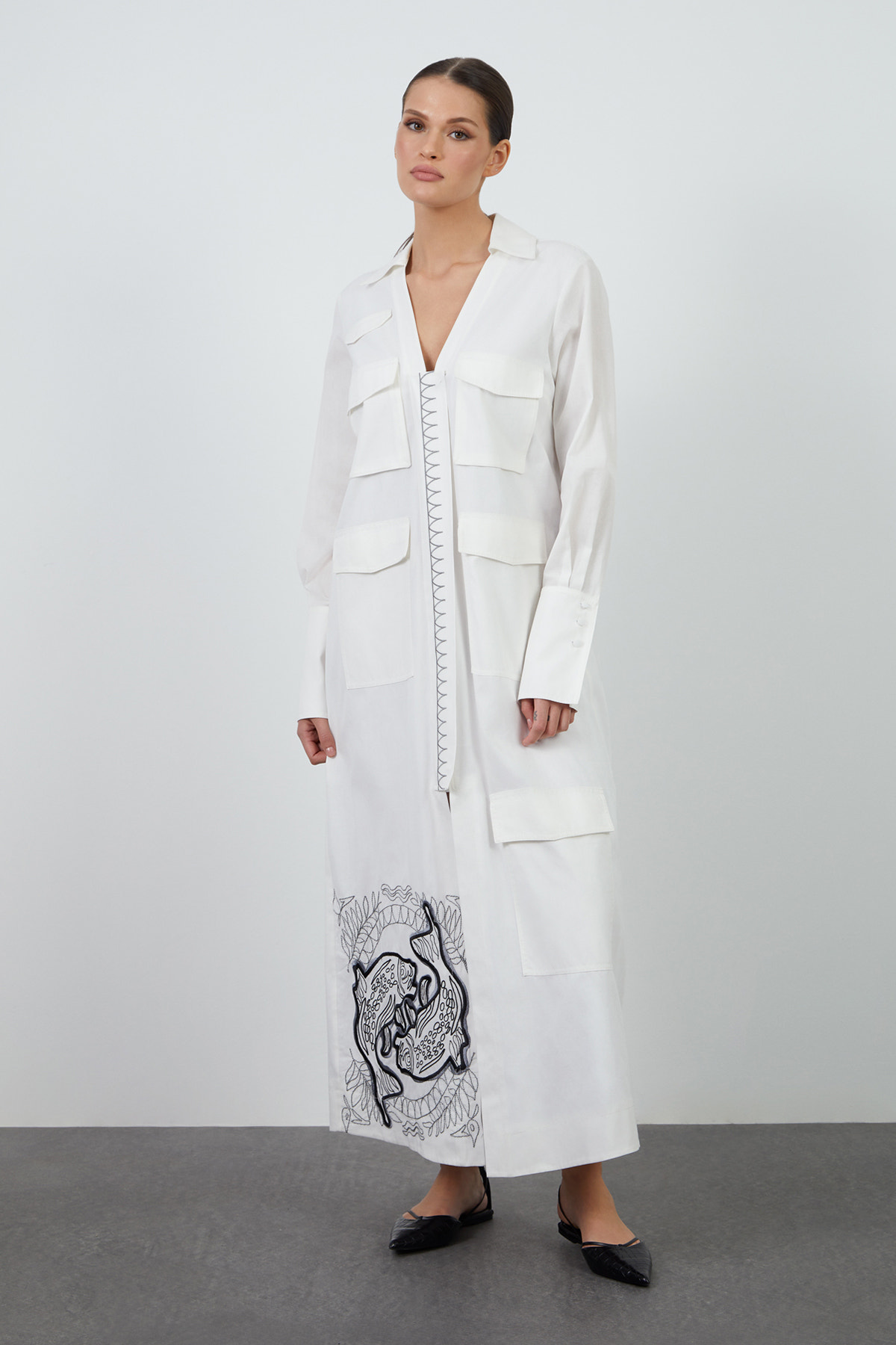 Nakış Ve Cep Detalı Gömlek Uzun Elbise