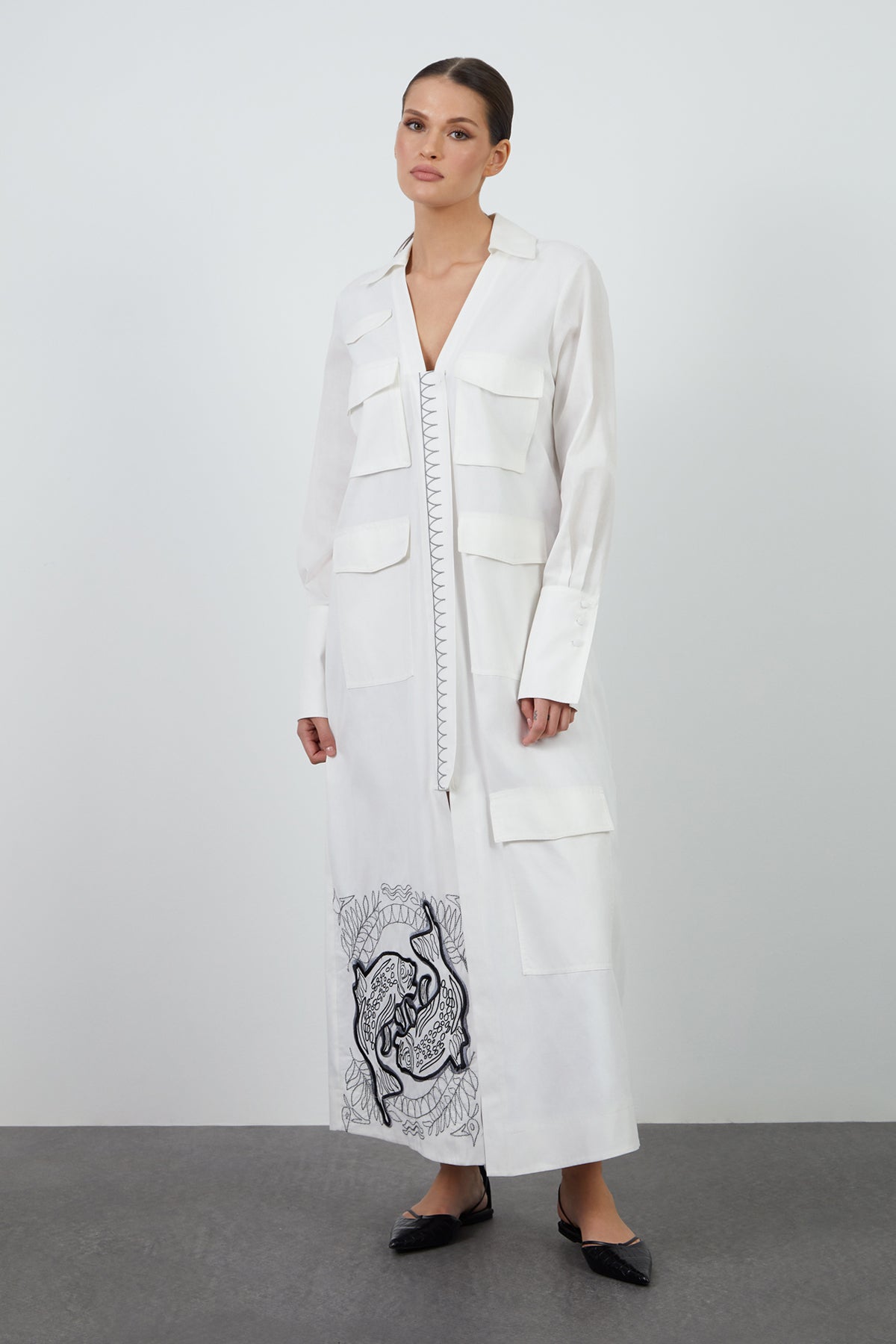 Nakış Ve Cep Detalı Gömlek Uzun Elbise