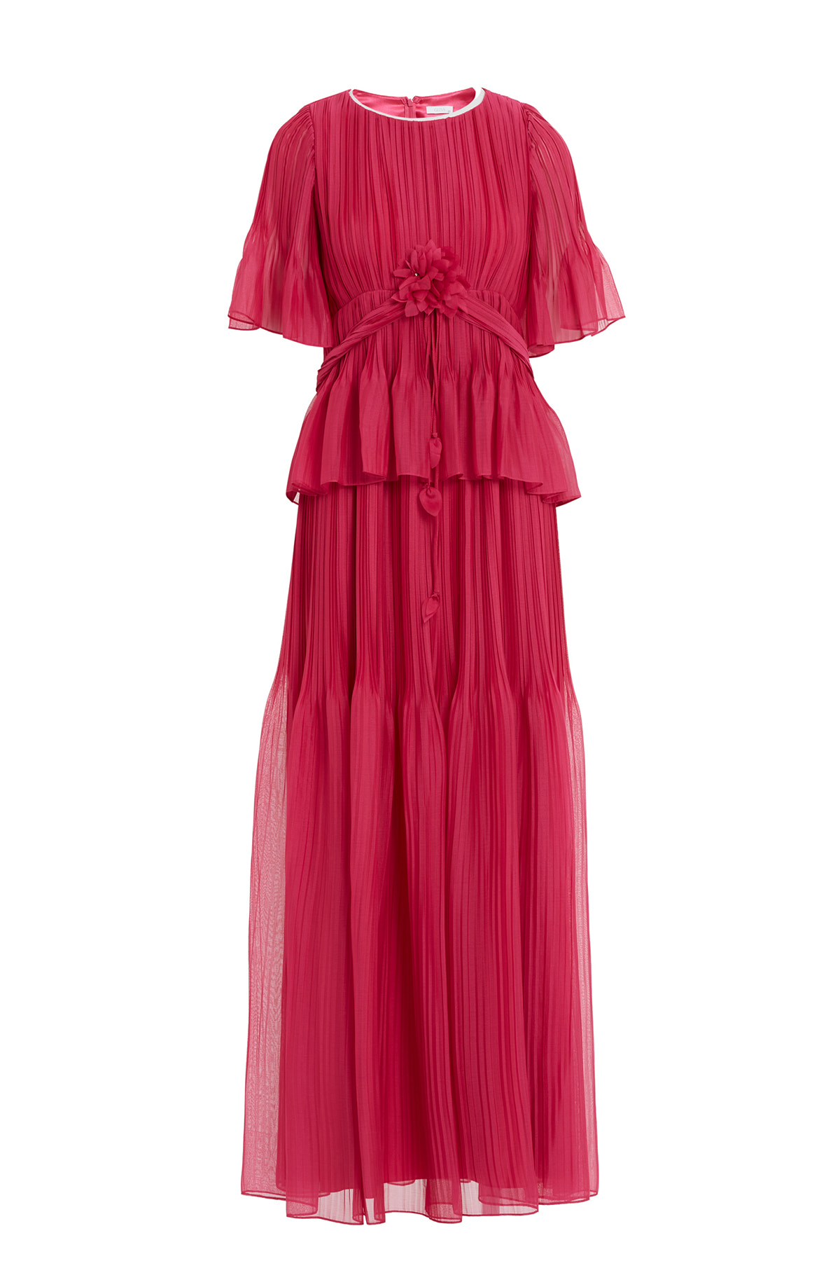 Çiçek Detaylı Piliseli Şifon Uzun Elbise