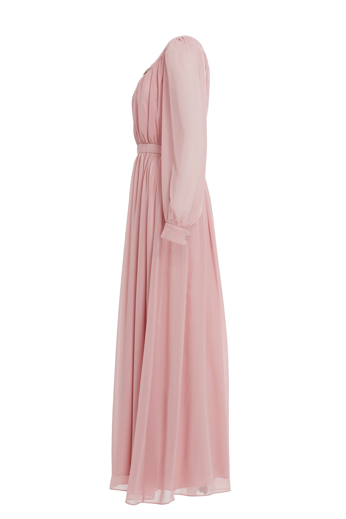 Büzgülü Yakası İşleme Detaylı Eteği Kloş Abiye Uzun Elbise