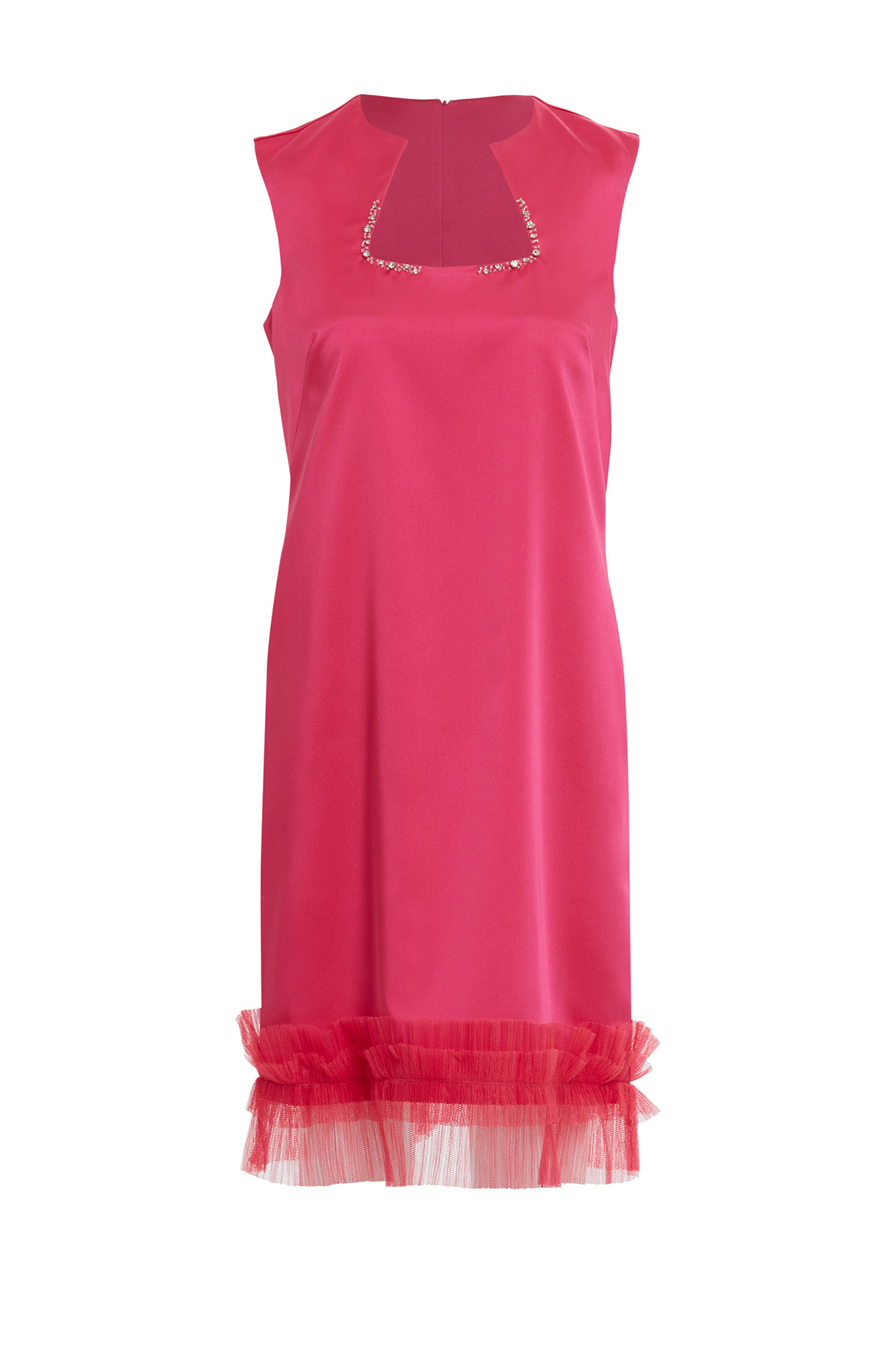 Asimetrik Yaka İşlemeli Tül Detaylı Kısa Elbise