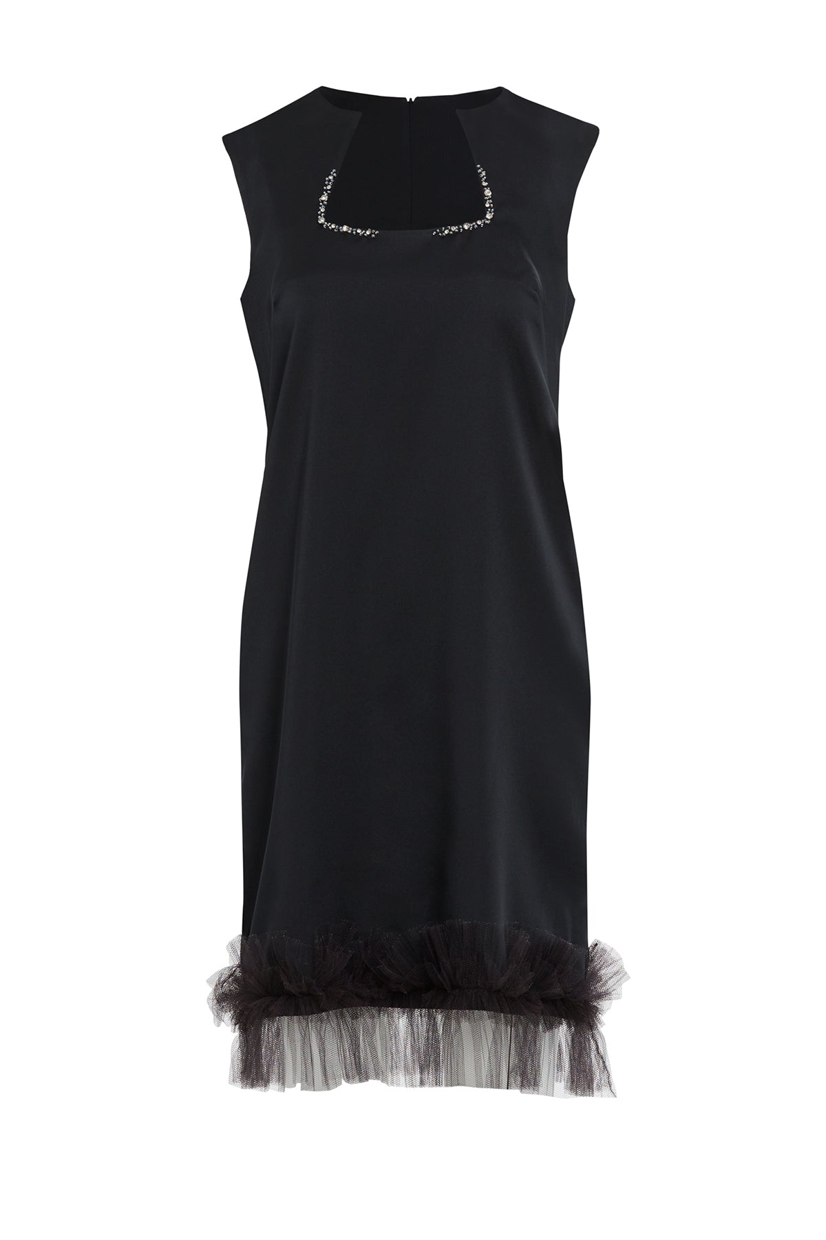 Asimetrik Yaka İşlemeli Tül Detaylı Kısa Elbise