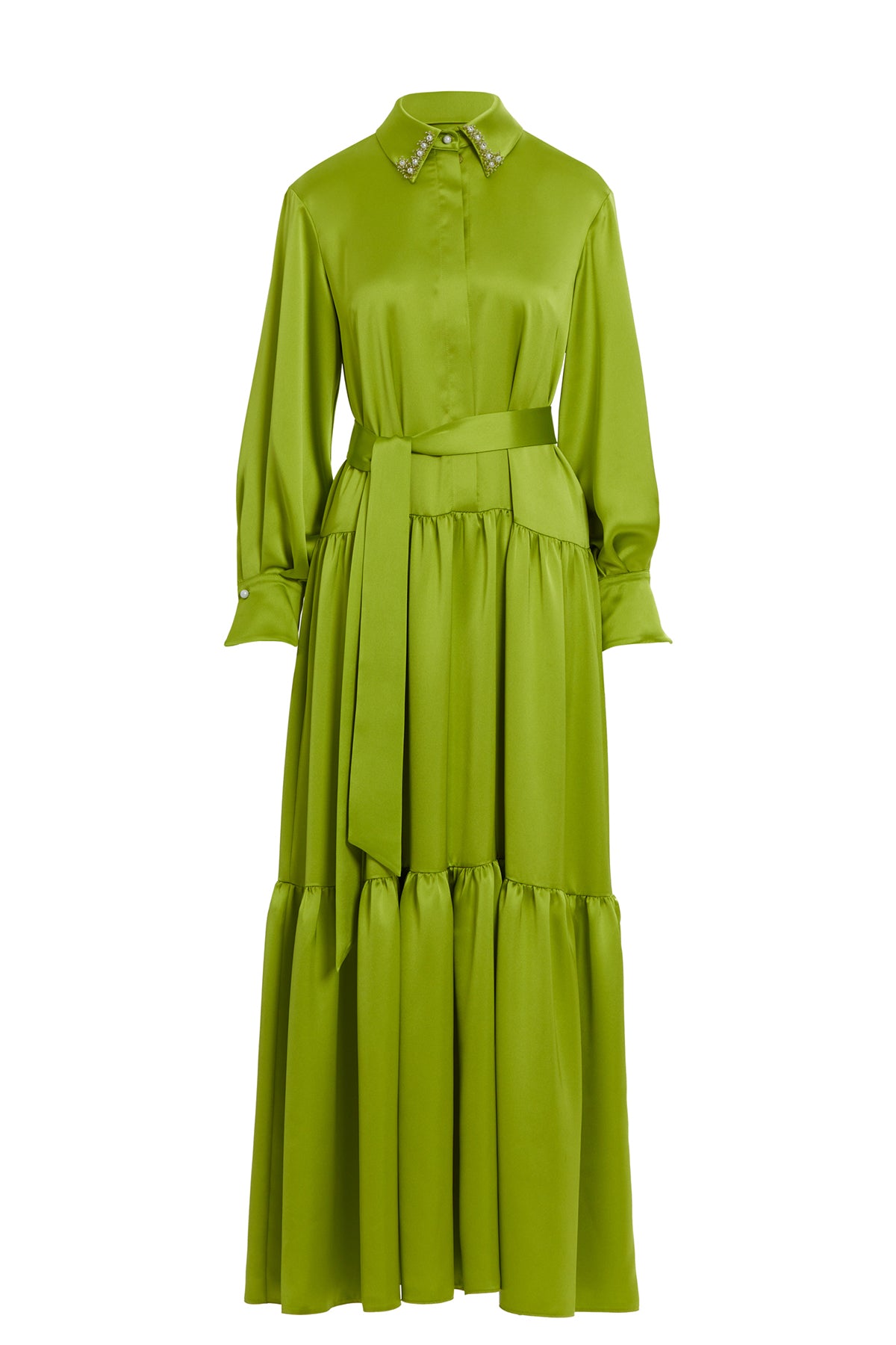 Yakası İşlemeli Kuşaklı Saten Abiye Uzun Elbise