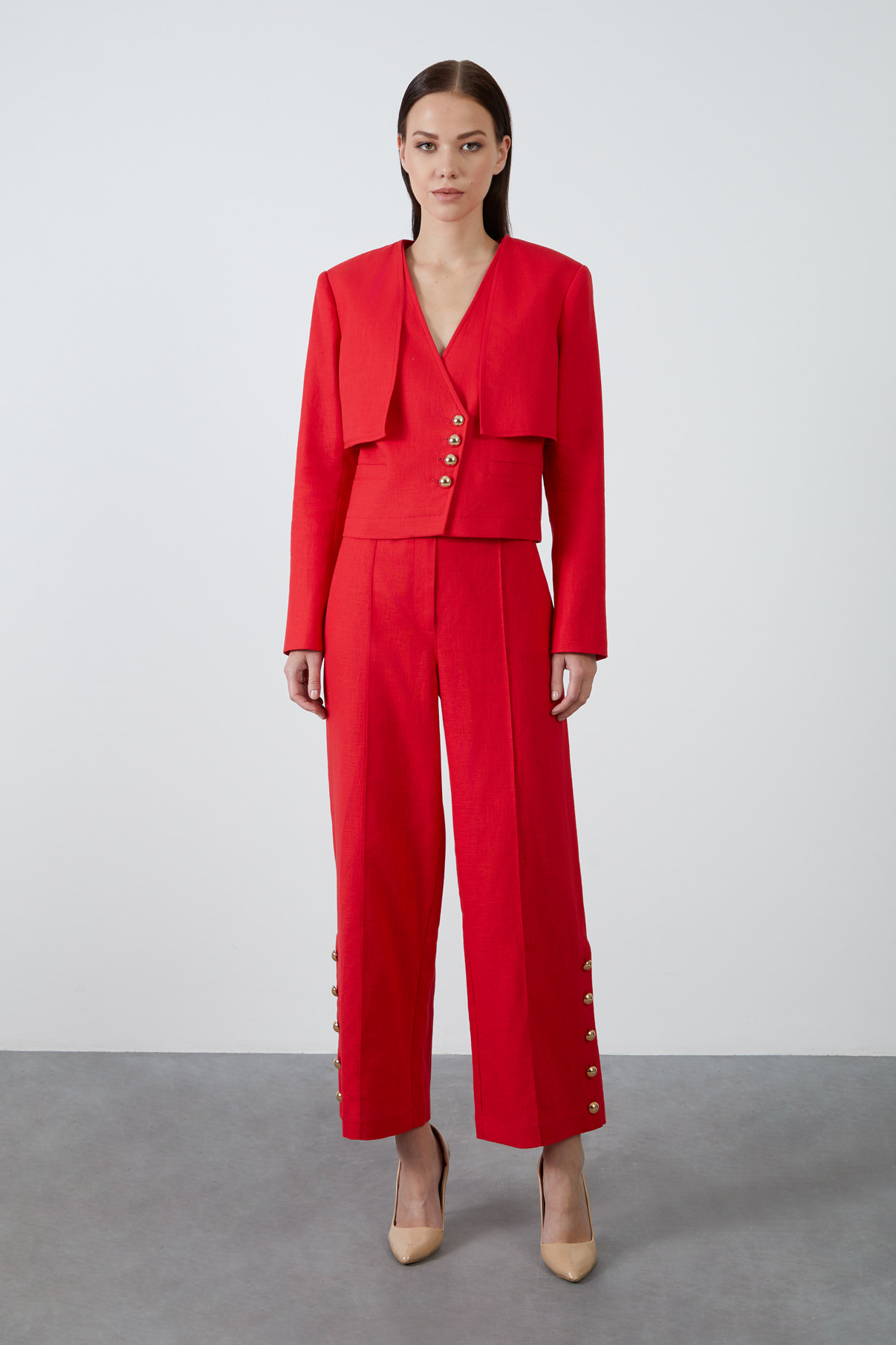 Düğmeli Kutu Form Keten Ceket