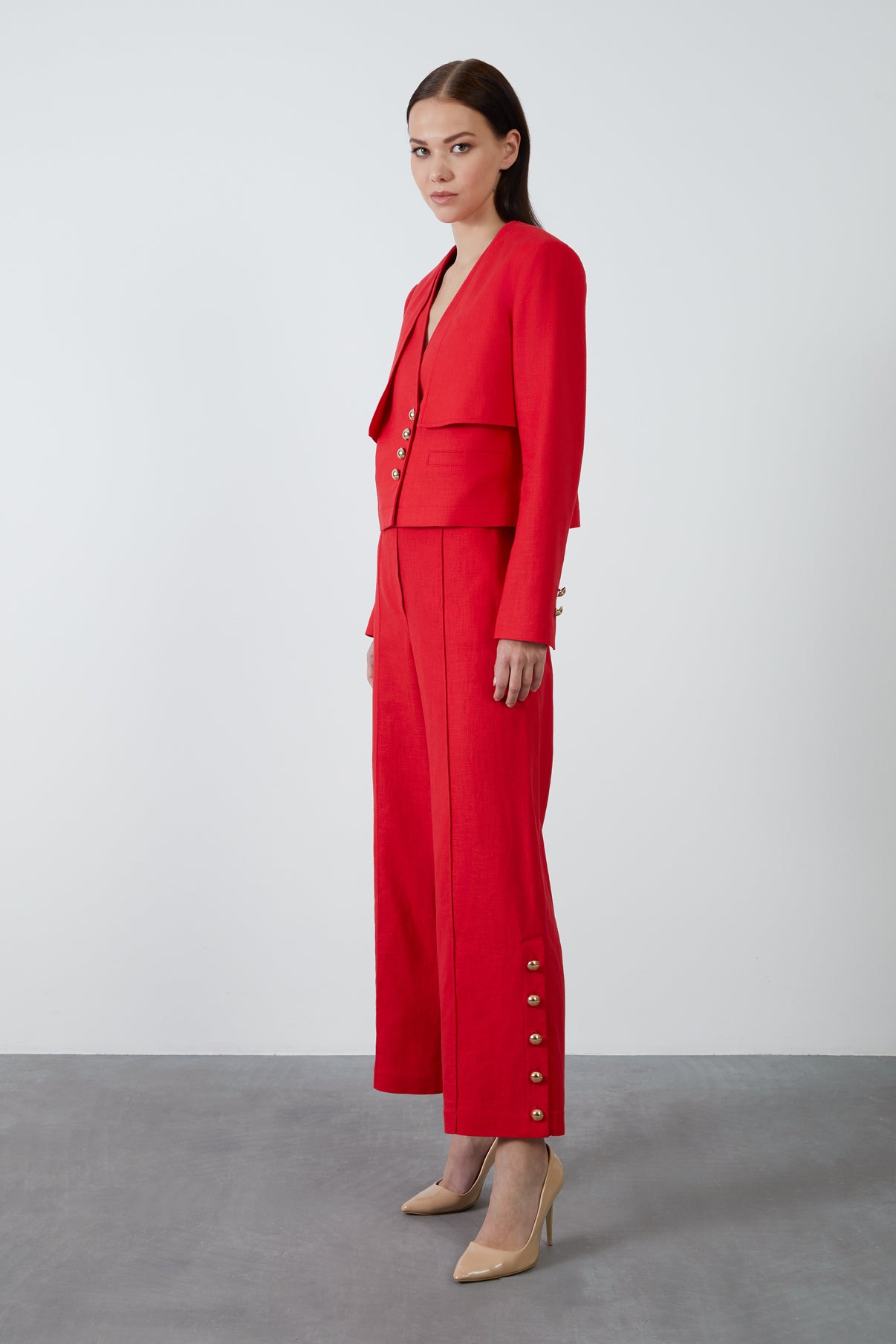 Düğmeli Kutu Form Keten Ceket