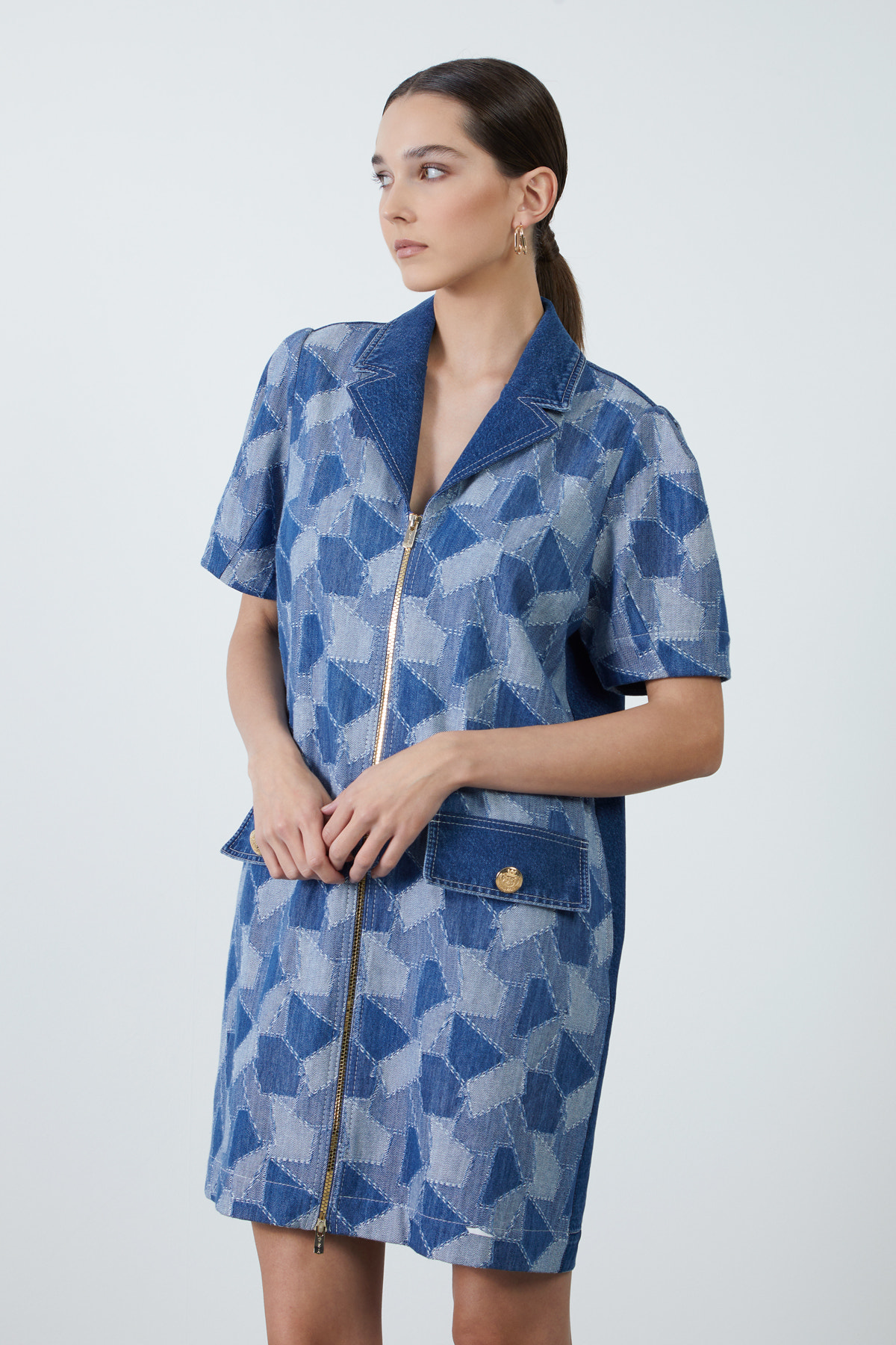 V Yakalı Kısa Kollu Jean Mini Elbise