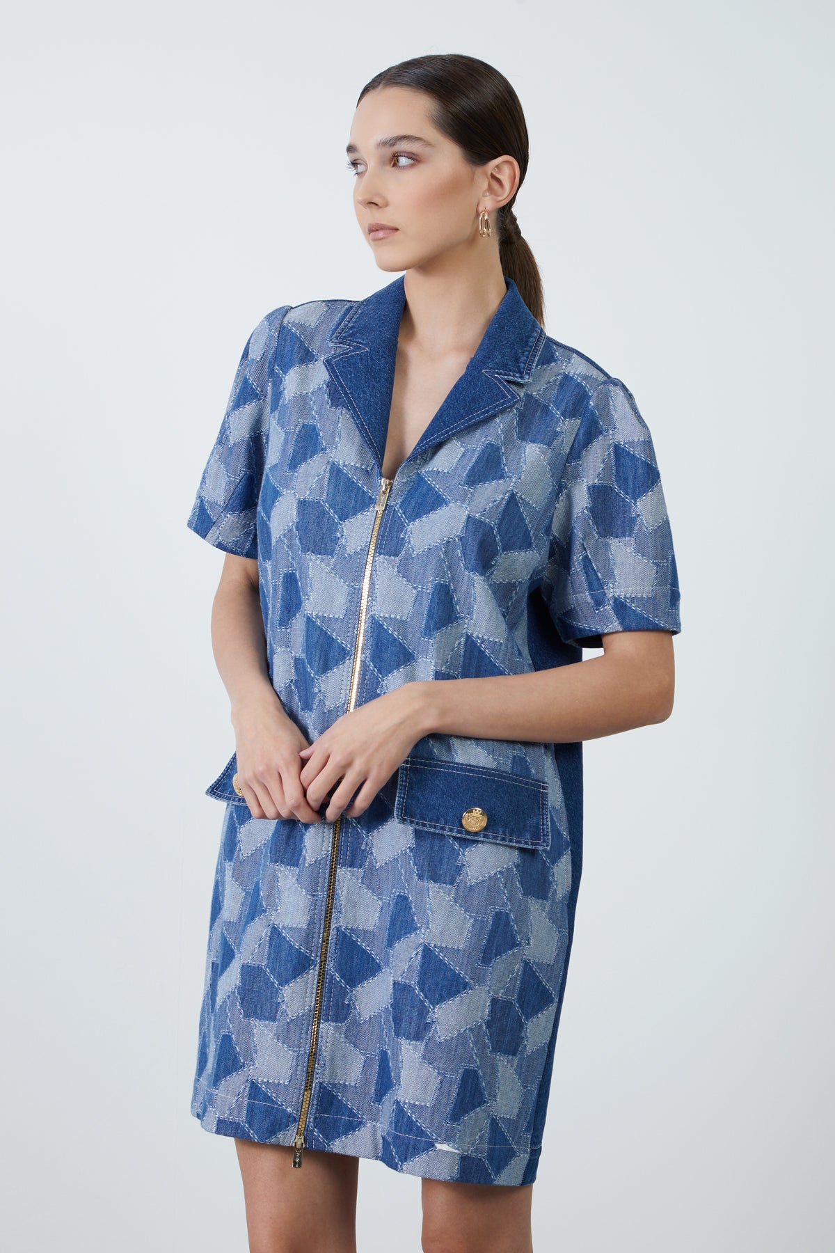 V Yakalı Kısa Kollu Jean Mini Elbise