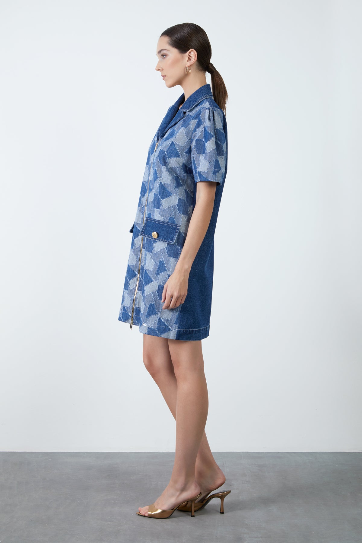 V Yakalı Kısa Kollu Jean Mini Elbise
