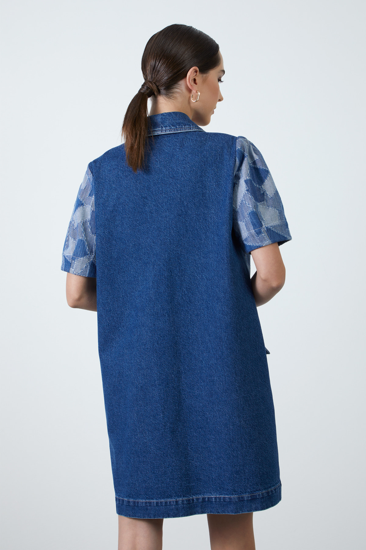 V Yakalı Kısa Kollu Jean Mini Elbise