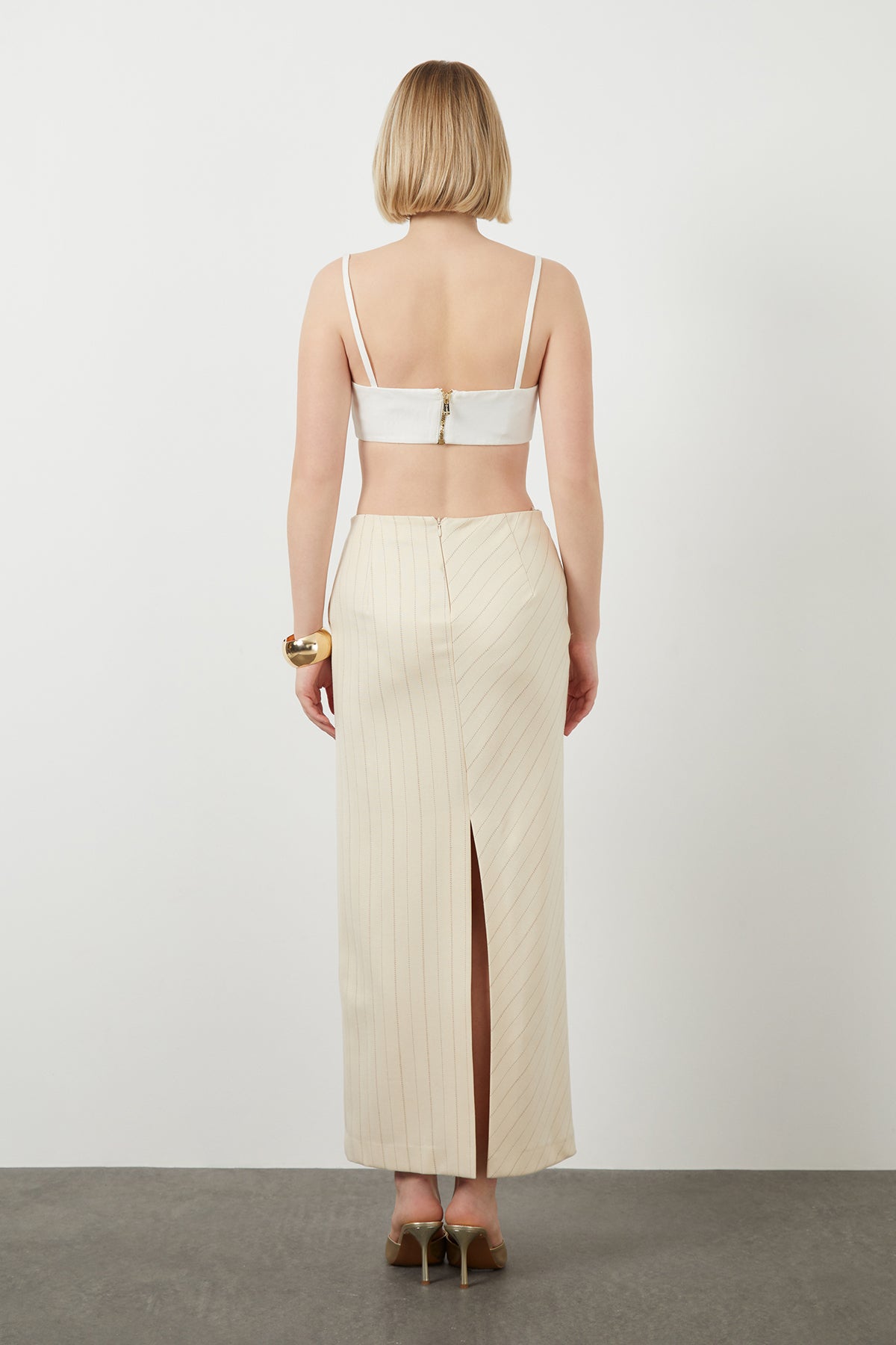 Çizgi Desenli Yırtmaçlı Uzun Etek